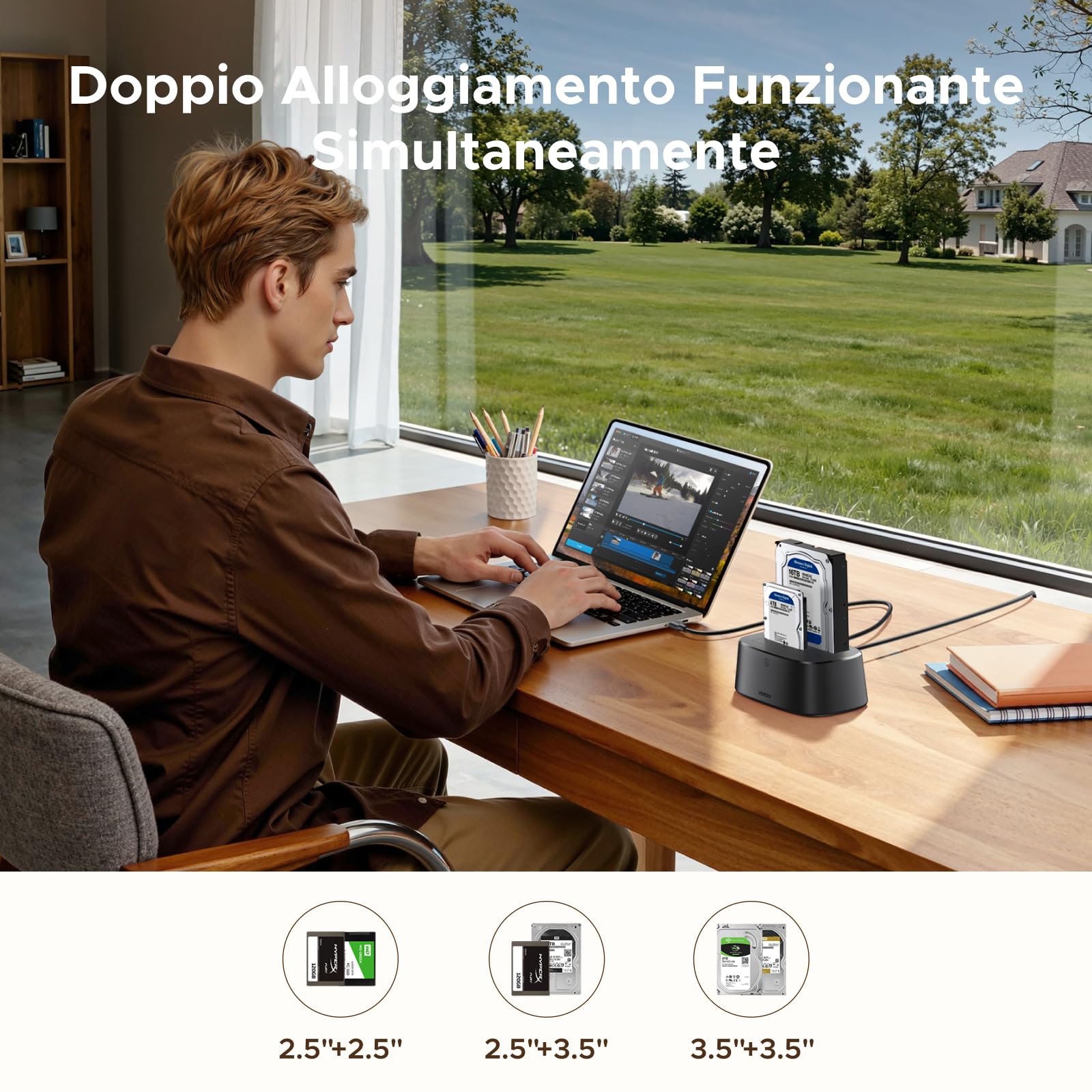 UGREEN Stazione di Docking per Hard Disk, Stazione Docking USB 3.0 per HDD e SSD SATA da 2,5"/3,5", Adattatore Hard Disk Dual Bay 5Gbps con Clonazione Offline e Supporto UASP