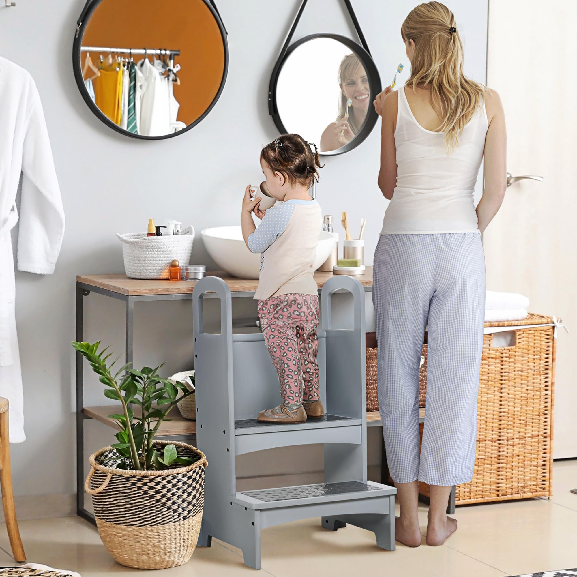 HOMCOM Taburete Madera niño ayudante Cocina, Antideslizante, Asas Gris