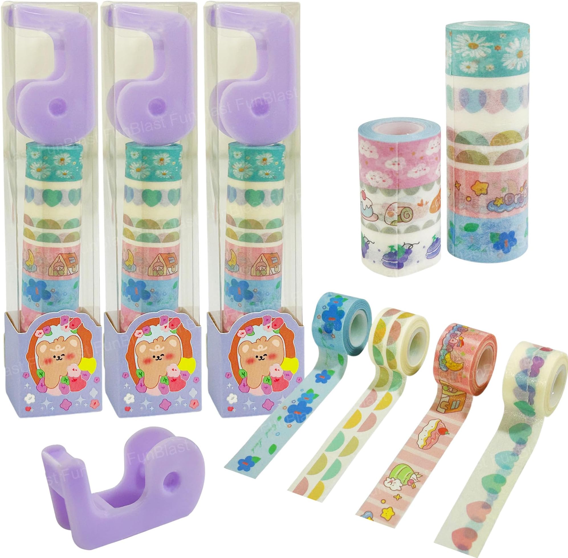 FunBlast Washi Tape Set – 24 Pcs Mini Decorative Masking Tape with 3 Dispenser, Paper Tape for Scrapbooking, Planners, Gift Wrapping, DIY Decoration Tapes for and Art & Craft (Pack of 3(PurpleC))