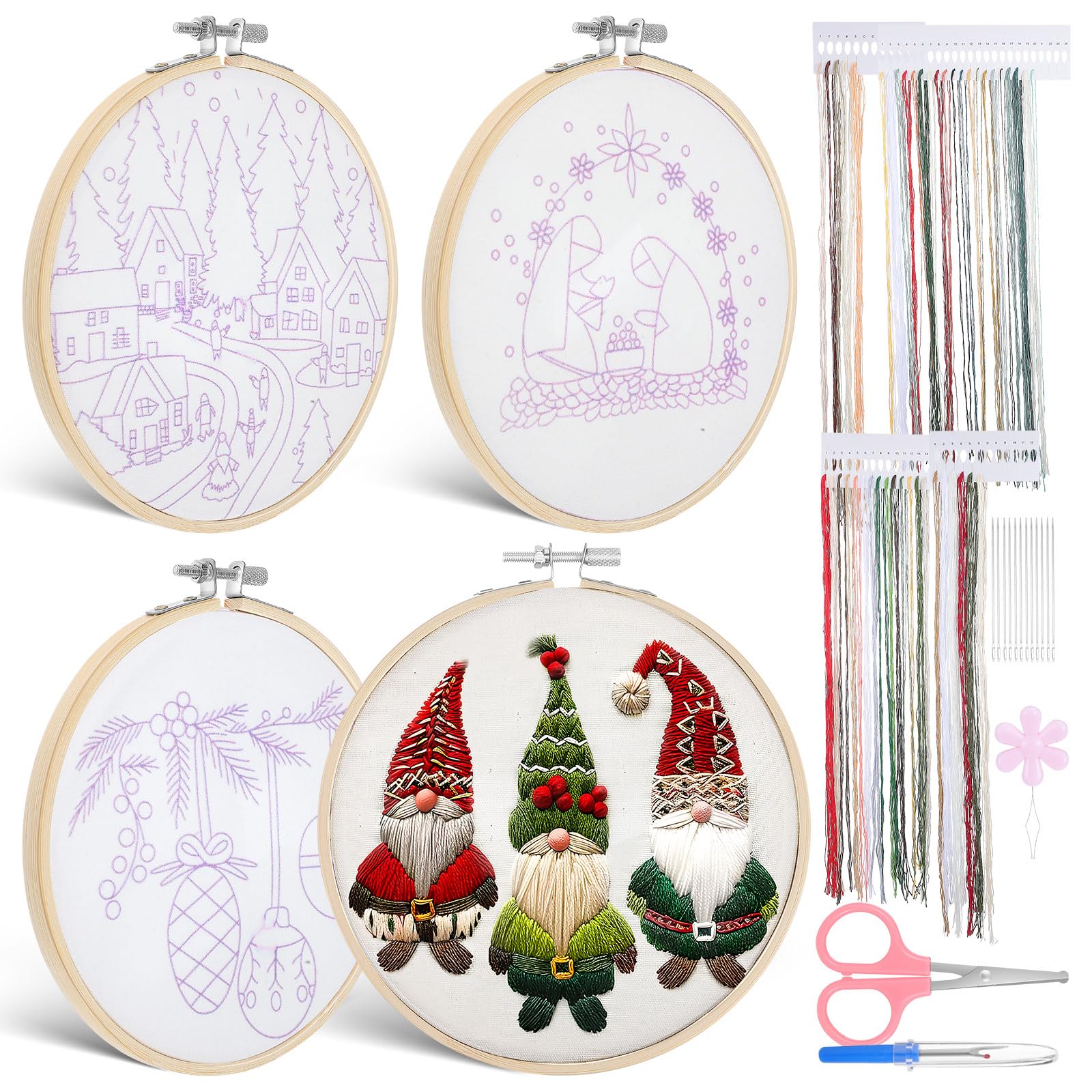 KAJNBN Kit de Bordado Navideño para Principiantes, 4 Piezas Bastidor de Bambú de 15 Cm, Algodón y Lino, Incluye Tijeras Rosas y Herramientas para Manualidades, Adecuado para Decoración