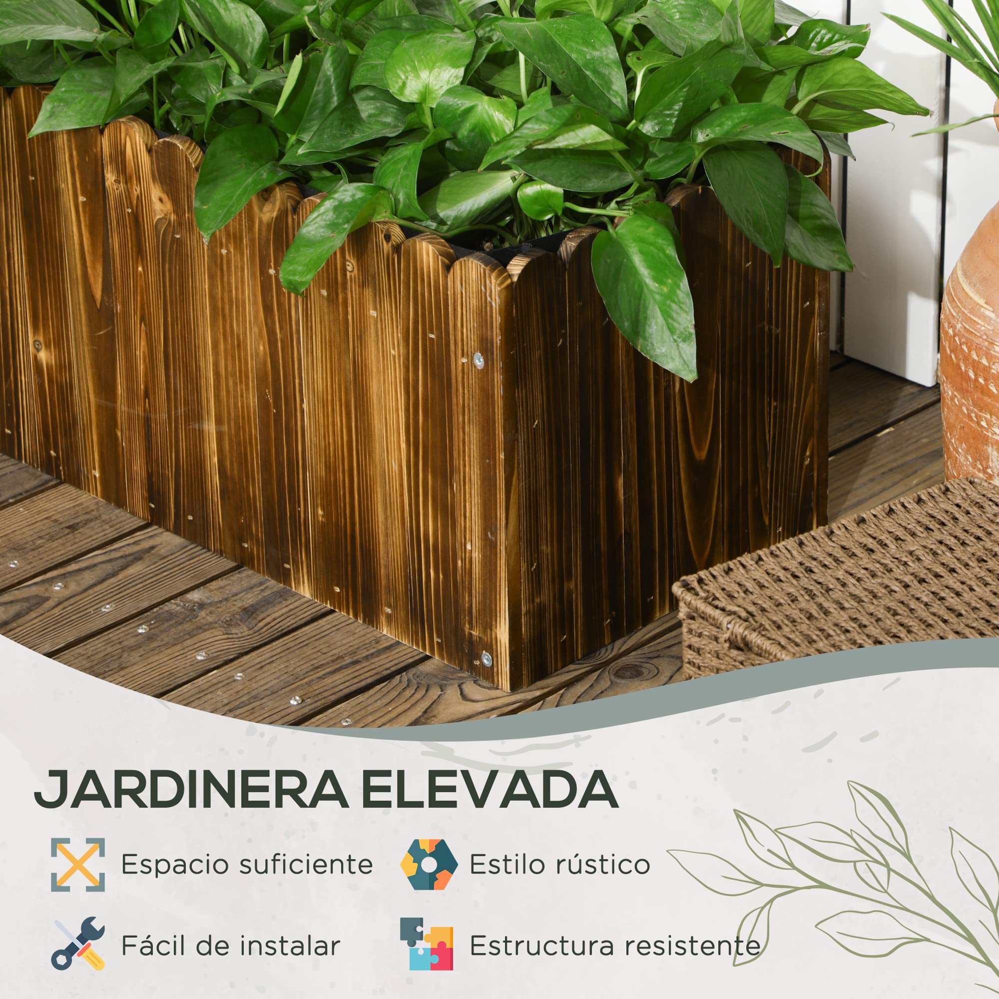 Jardinera De Madera Rectangular Jardinera De Madera Outsunny - Macetero  Grande Con Drenaje Para Terraza O Patio (80x30x30 Cm, Marrón) Jardineras  Con Ruedas, image size:2000x2000