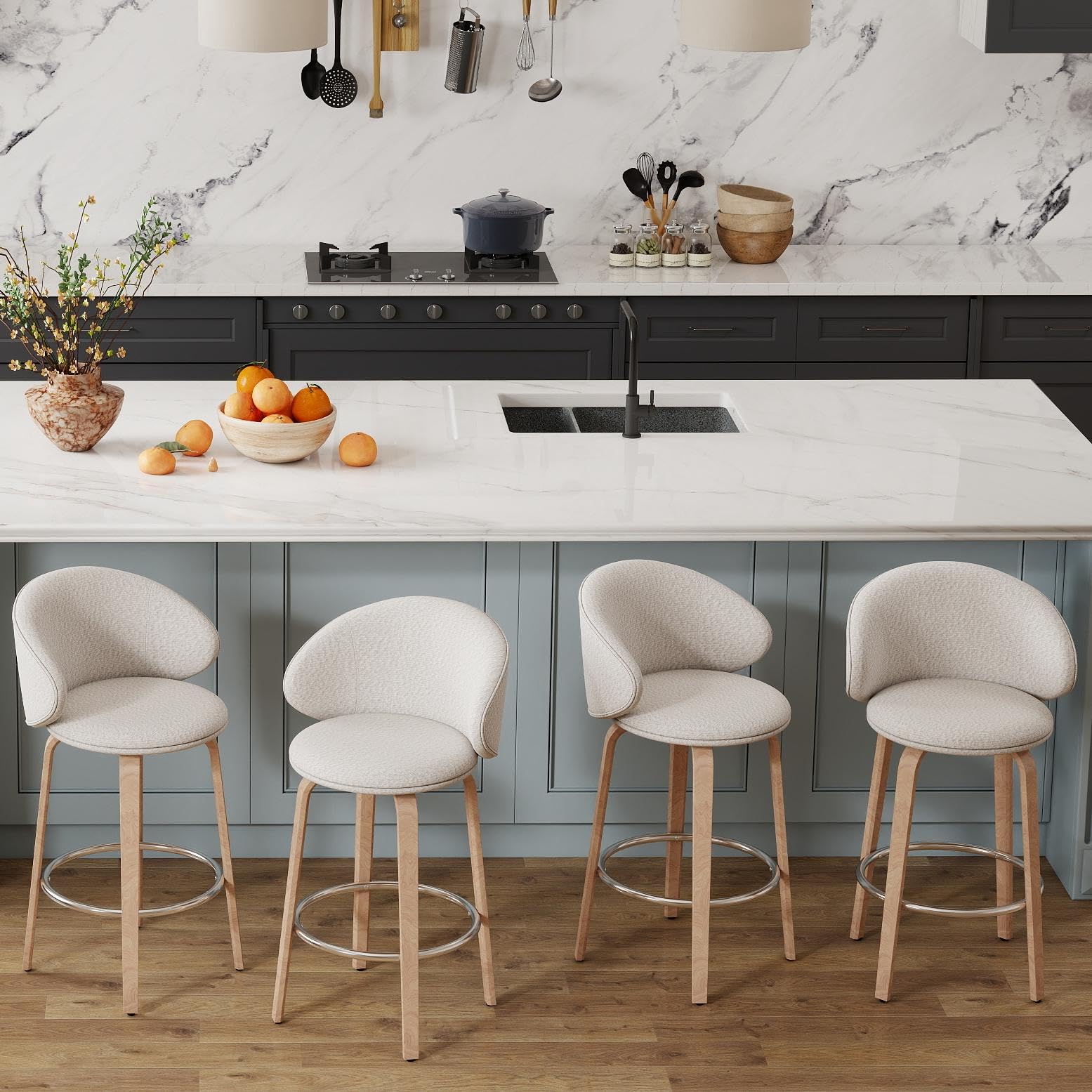 LukeAlon Counter Stools Set of 4, 26" Upholstered Bar Stools with Footrest Modern Kitchen Stools with Wood Legs for Counter Height, Dining Room,