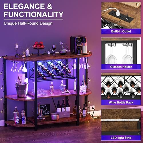 Vista 4 de Unikito Mesa de estante para vino con enchufe y luz LED, gabinete de barra de piso para licor y vasos, mesa de bar de café de madera con estante