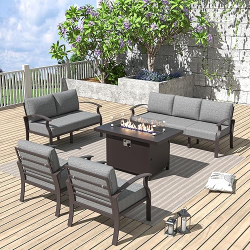 ALAULM Aluminum Patio Furniture Set with Propane Fire Pit Table 7-seat Metal Outdoor Furniture w/Fire Pit Patio Conversation Set w/5.1" Cushions for Patio, Backyard, Poolside-Grey
