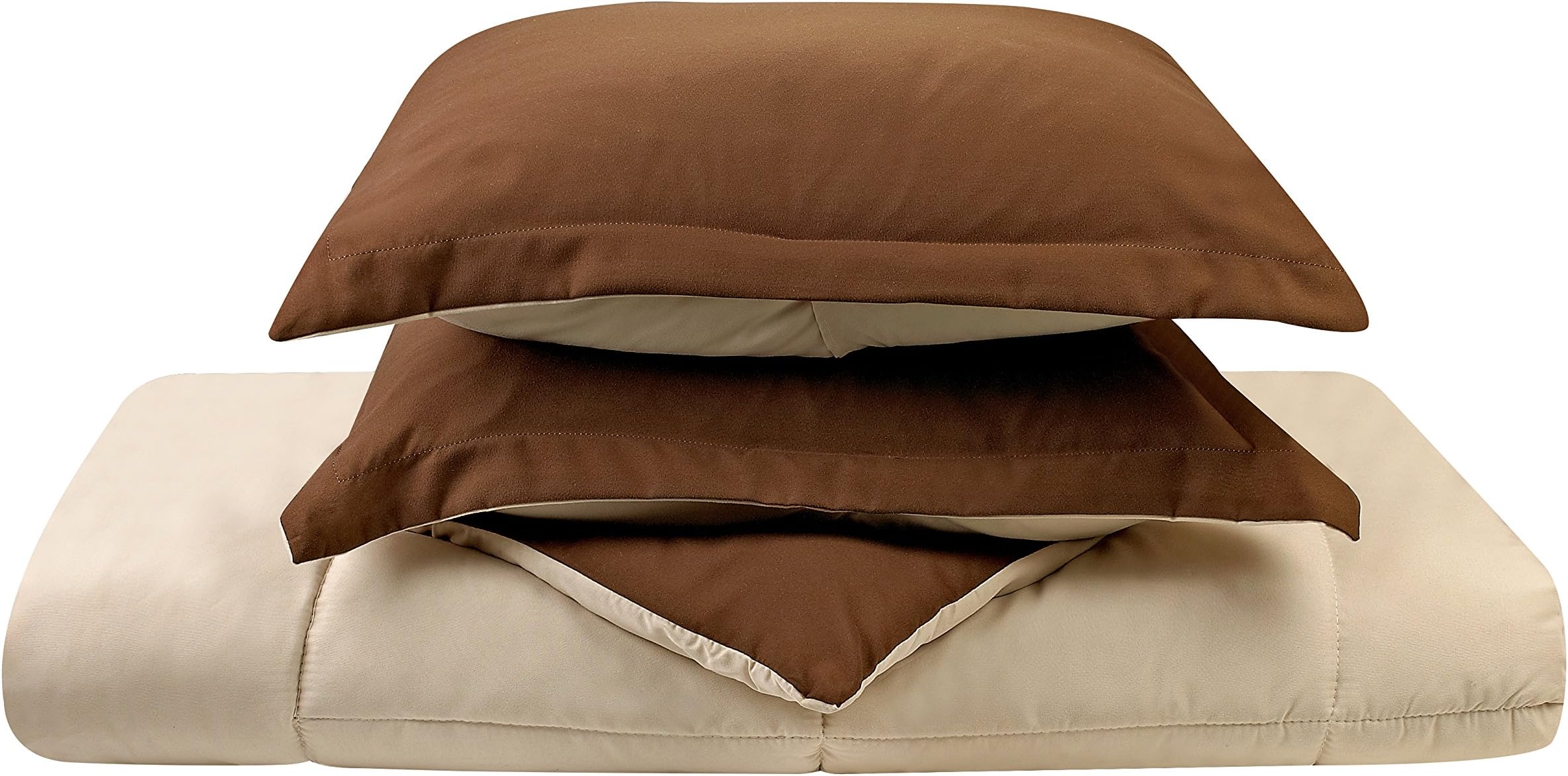 Clara Clark Vand_US_comf-crem/Brown-f/quen 3-Piece Goose Down Alternative Reversible Comforter Set, Full/Queen, Brown/Cream