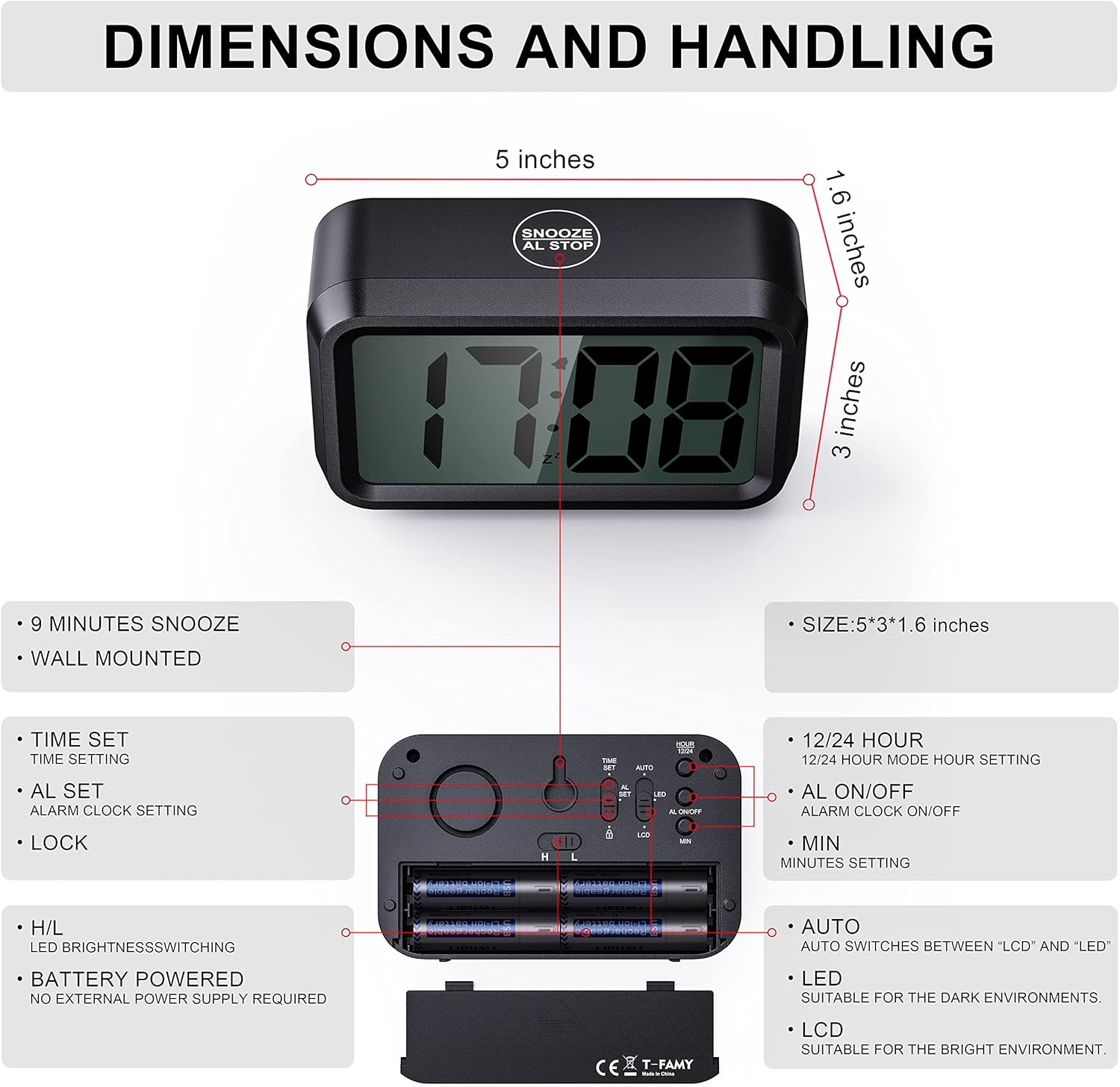 Digital Clock Battery Operated with Unique 1.2'' LED / 1.8'' LCD Auto Display, Small Cordless Alarm Clock for Bedroom Wall Travel (Red Display)