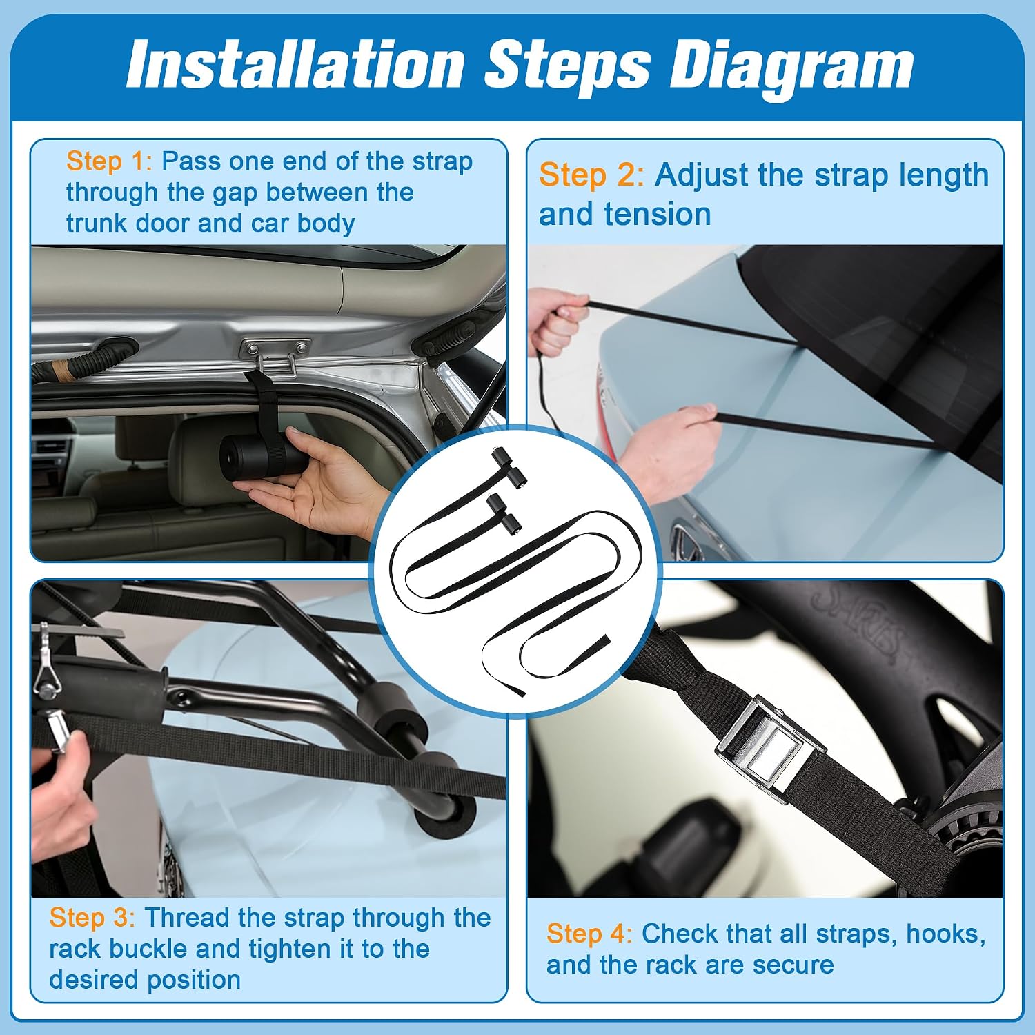 4 Pack Bike Rack Replacement Straps, Hatch & Wheel Stabilizer Tie Downs | Trunk Mount Transport Accessories Compatible with Saris Bones, Bones EX, Guardian