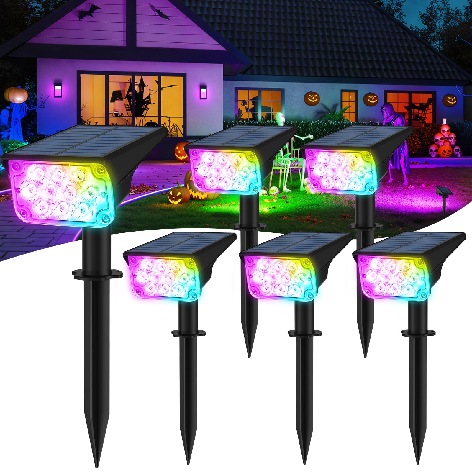 T-SUNUS Focos Solares Multicolores Jardín, Luces Solares RGB para Exteriores con 7 Colores, Lámparas Luz Solar Exterior IP65 Impermeable para Arboles, Patios, Aceras y Navidad, 6 Piezas