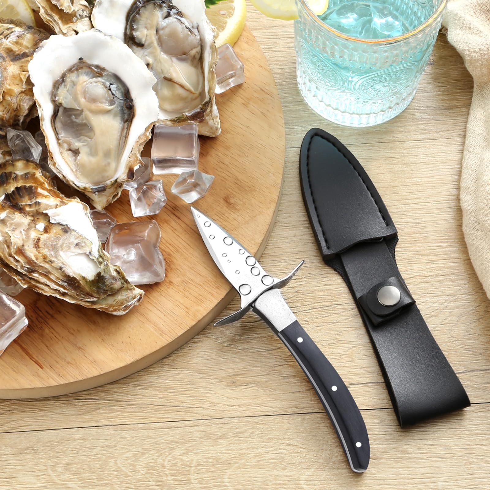 BEWOS Juego de 2 abridor de ostras con funda:incluye un abridor de ostras de 16,5 cm con cuchilla de acero inoxidable, con mango de madera de primera calidad para todo tipo de mariscos.
