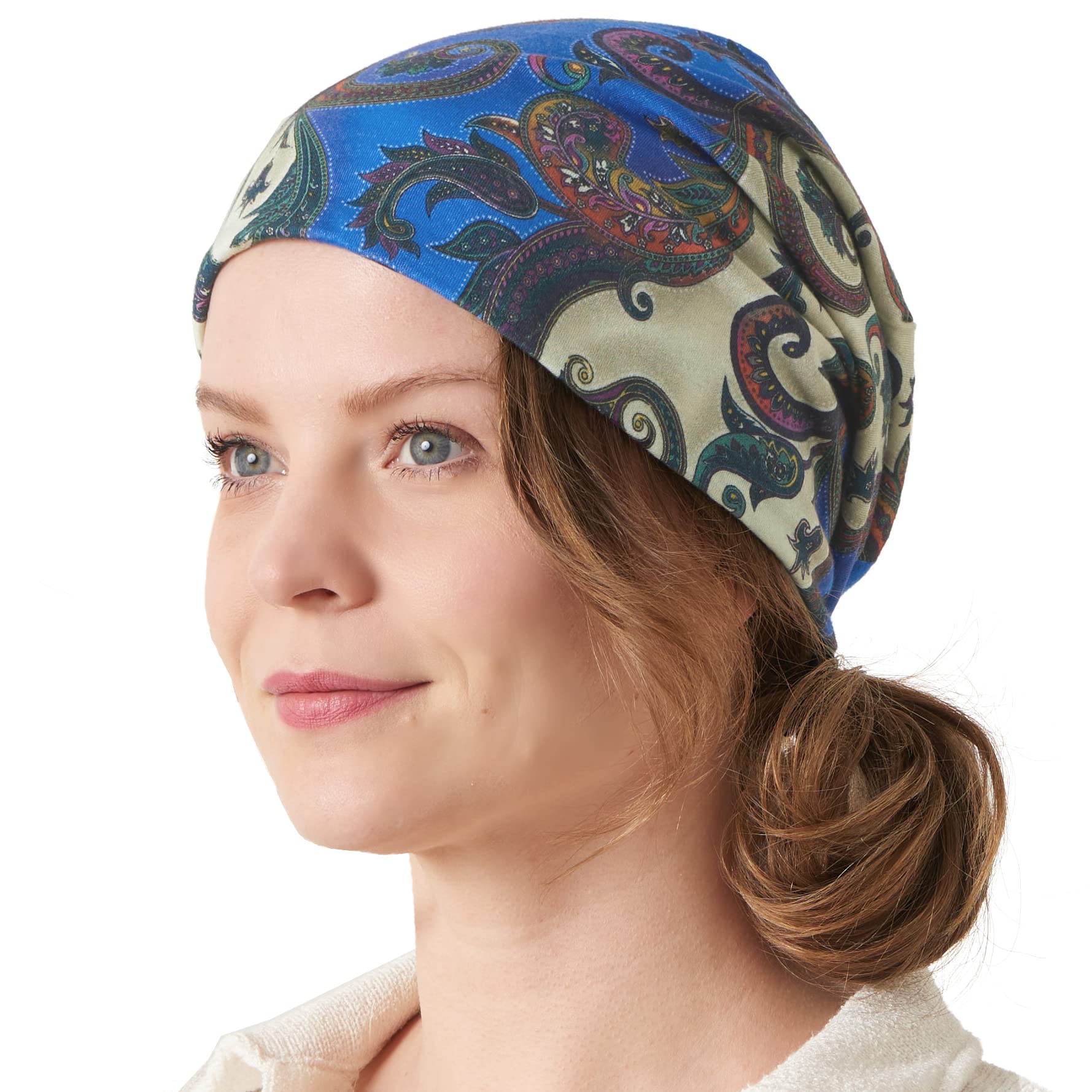 Charm Men's Paisley Blue Slouchy Organic Beanie - Organic Cotton Baggy Oversized Hat Wo Chemo Cap Hipster Beanie Stitch