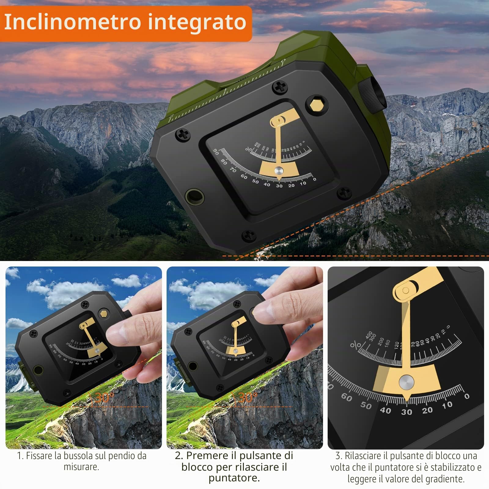 Proster Bussola per escursionismo con clinometro di avvistamento IP54 impermeabile bussola di navigazione in lega di alluminio bussola da campeggio con borsa per il trasporto per campeggio, caccia,