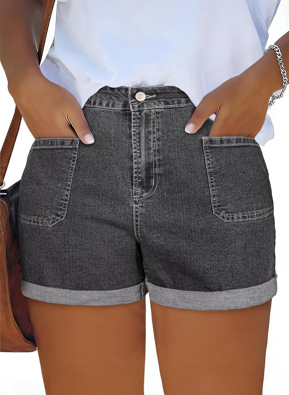 Eytino Women Plus Size Denim Shorts Trendy Stretch High Rise Rolled Hem Summer Casual Jean Shorts with Pockets(1X-5X)