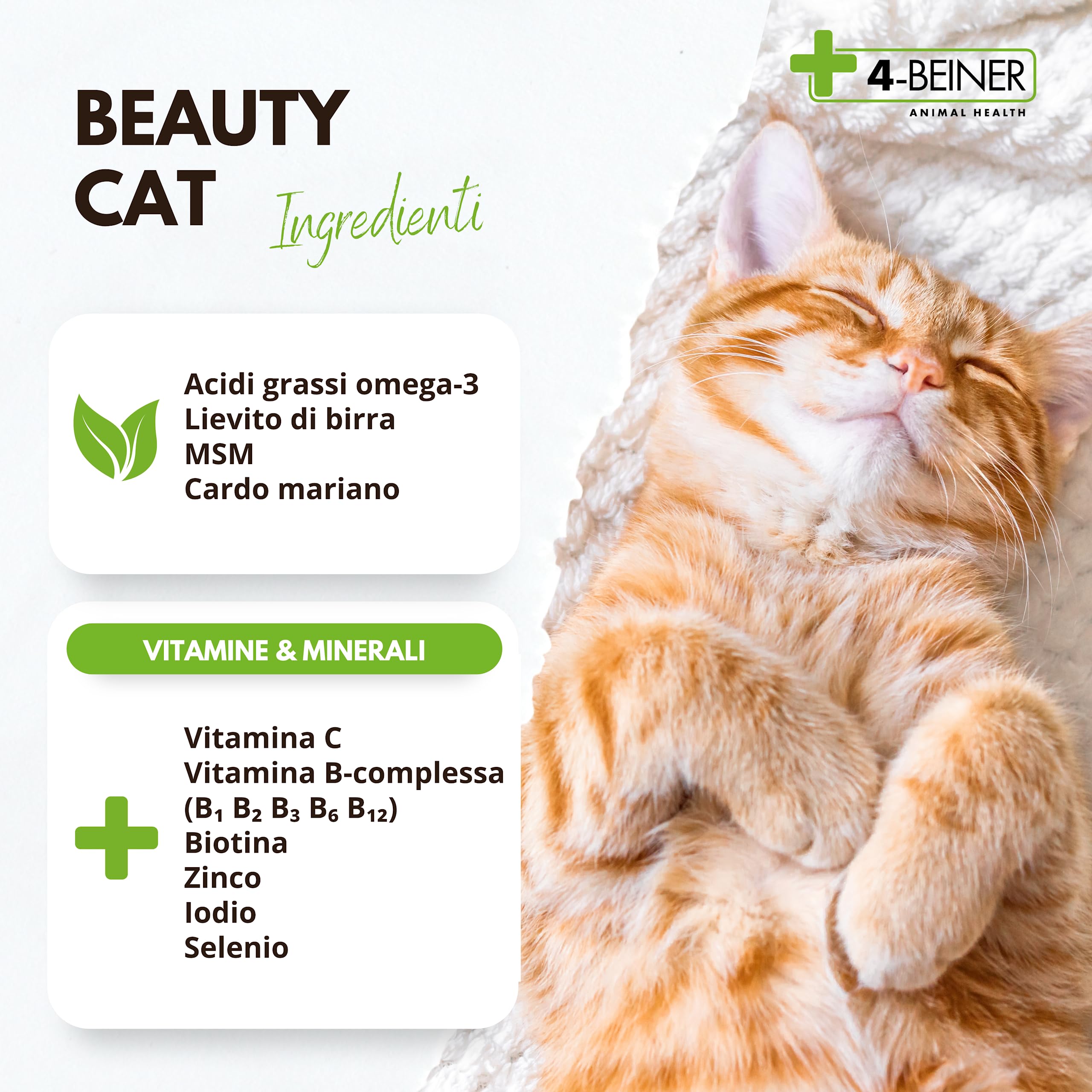 4-BEINER BEAUTY-CAT - splendido pelo, vitamine per i gatti con omega 3, MSM, vitamina B complessa, vitamina C, biotina, cardo mariano, lievito di birra, zinco, iodio, selenio, 90 g di polvere