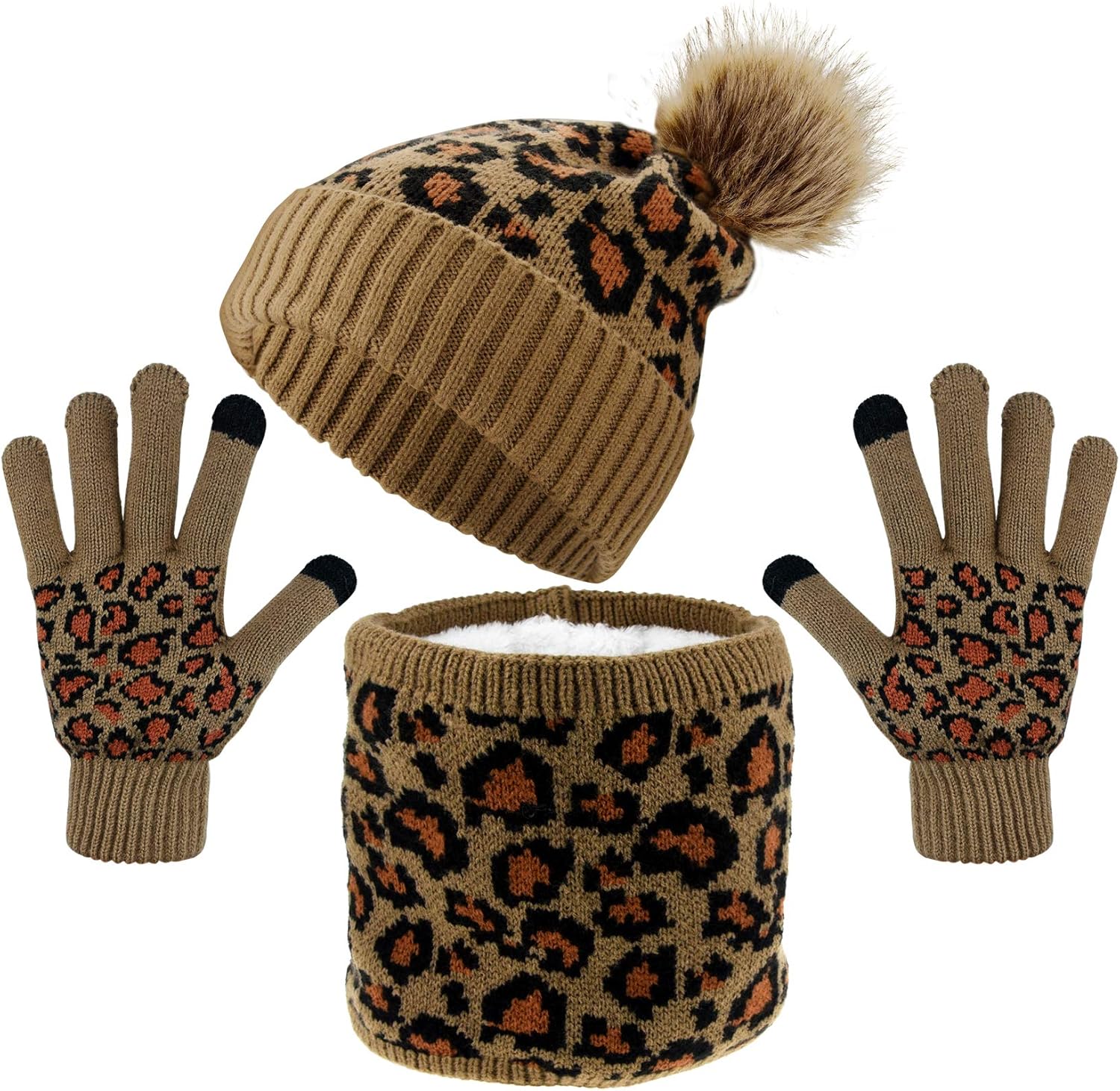 3 Pcs Leopard Print Winter Hat Gloves Scraf with Knit Plush Lined Set for Women and Teenagers
