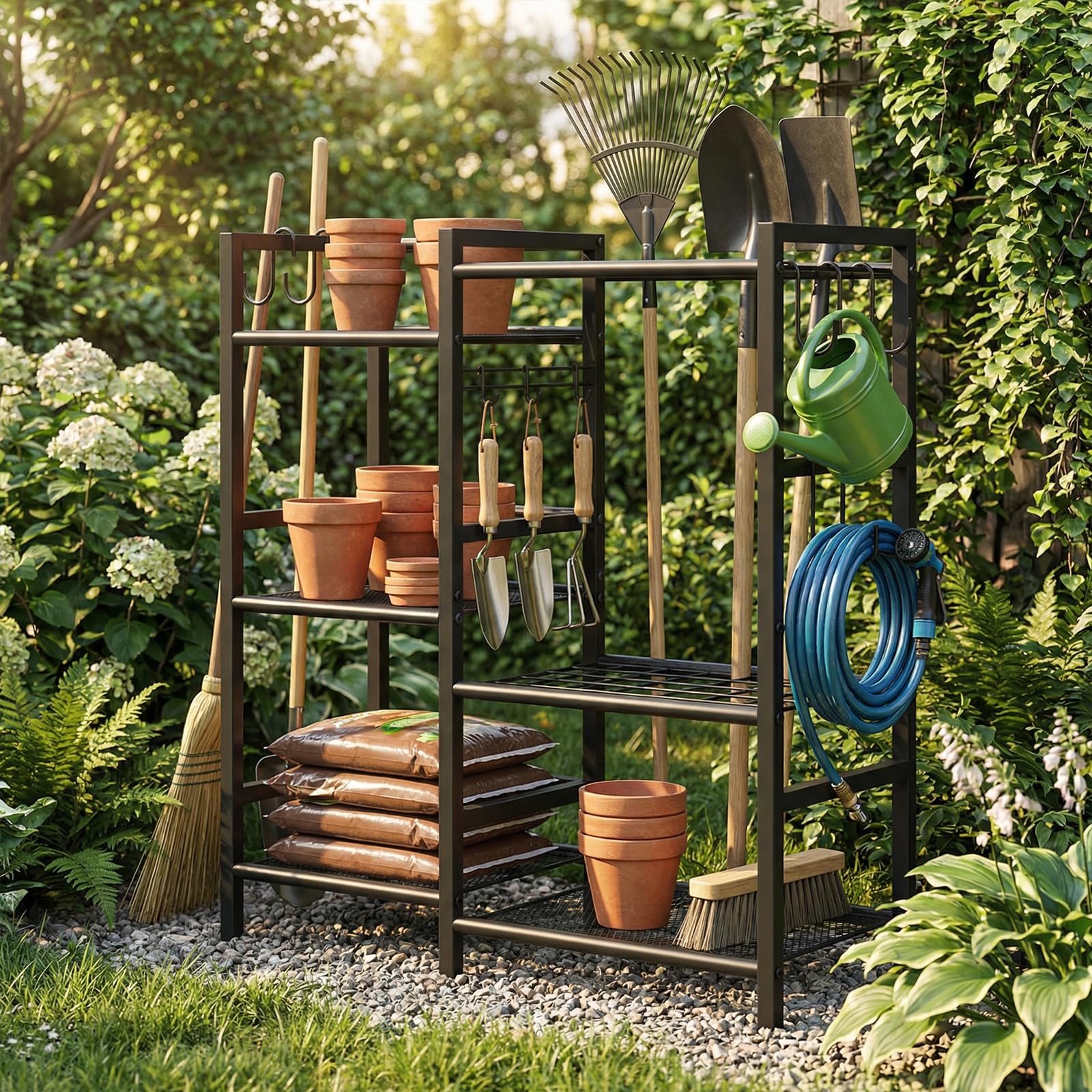 Hochleistungs-Gartengerätehalter, 3-stufiges Aufbewahrungsregal für Rechen, Schaufeln, Gartenwerkzeuge mit 35 Schlitzen, Langen Griffen & Haken für Garage, Schuppen, Besenschrank, Rasen