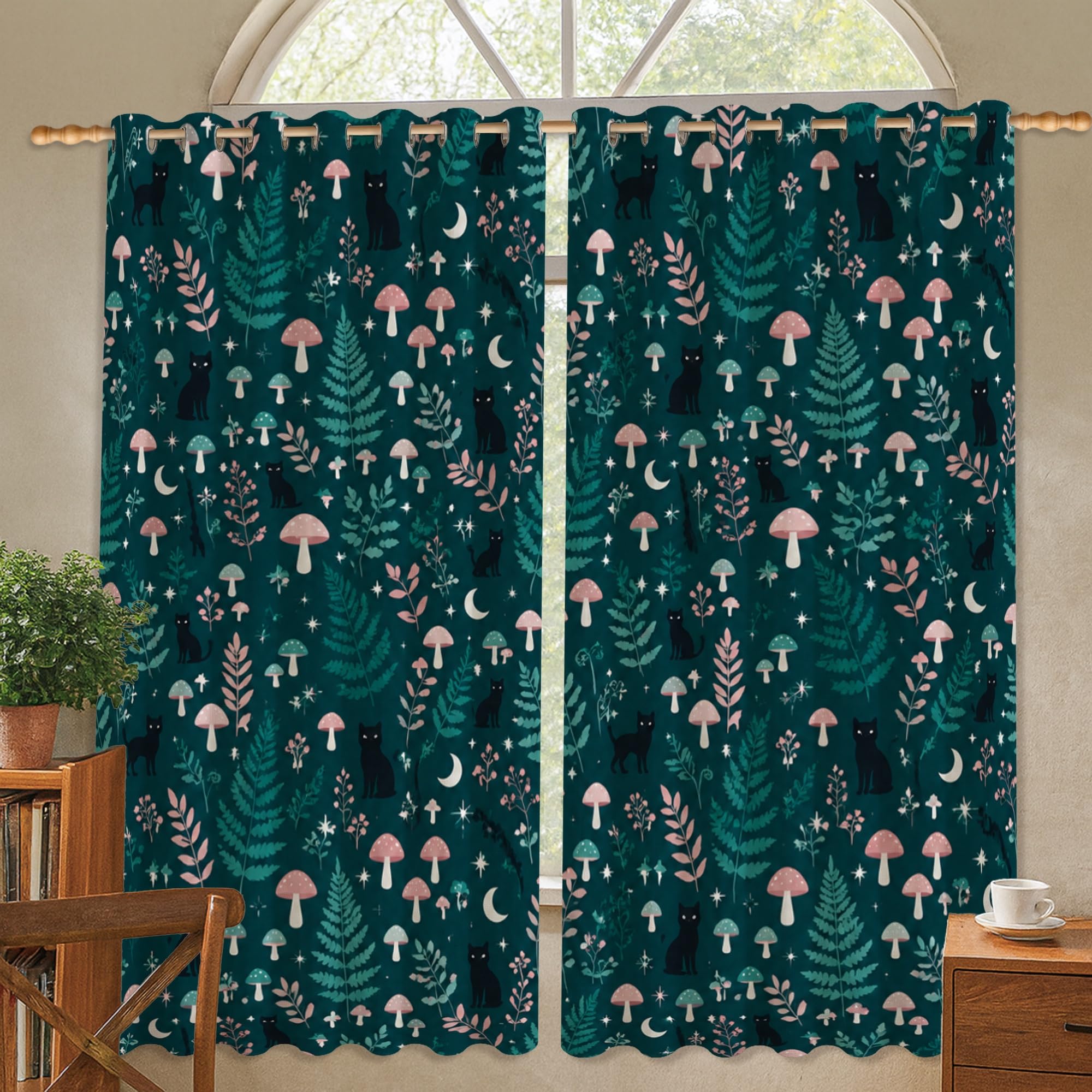 Rideaux occultants motif chat bleu sarcelle champignon naturel 132x137