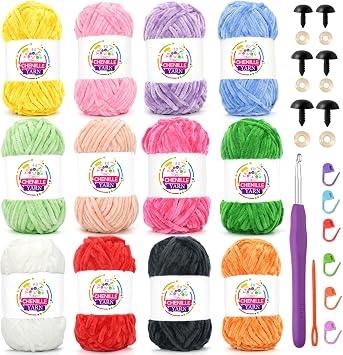 12 Pack Rainbow Velvet Chenille Yarn for Crocheting,Multicolor Fluffy Velvet Plush Yarn Thick Soft Chunky Chenille Yarn Baby Blanket Yarn for Crocheting Knitting BeginnersMulticolor 02