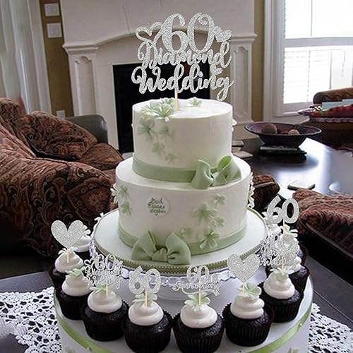 Miniatura 7 de 25 adornos para cupcakes de 60 aniversario con 60 diamantes para decoración de tartas de boda, corazón con purpurina plateada, 60 aniversario, boda,