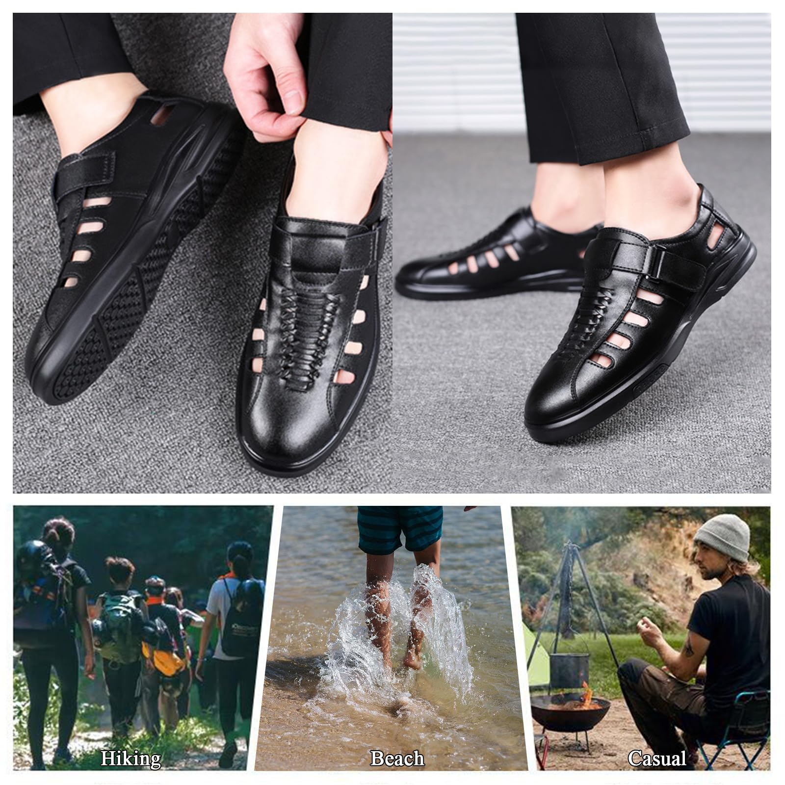 Sandalias Hombre Punta Cerrada en Cuero Transpirables Ajustable Sandalias Deportivas Antideslizante Zapatos de Montaña para Trekking Exterior Senderismo