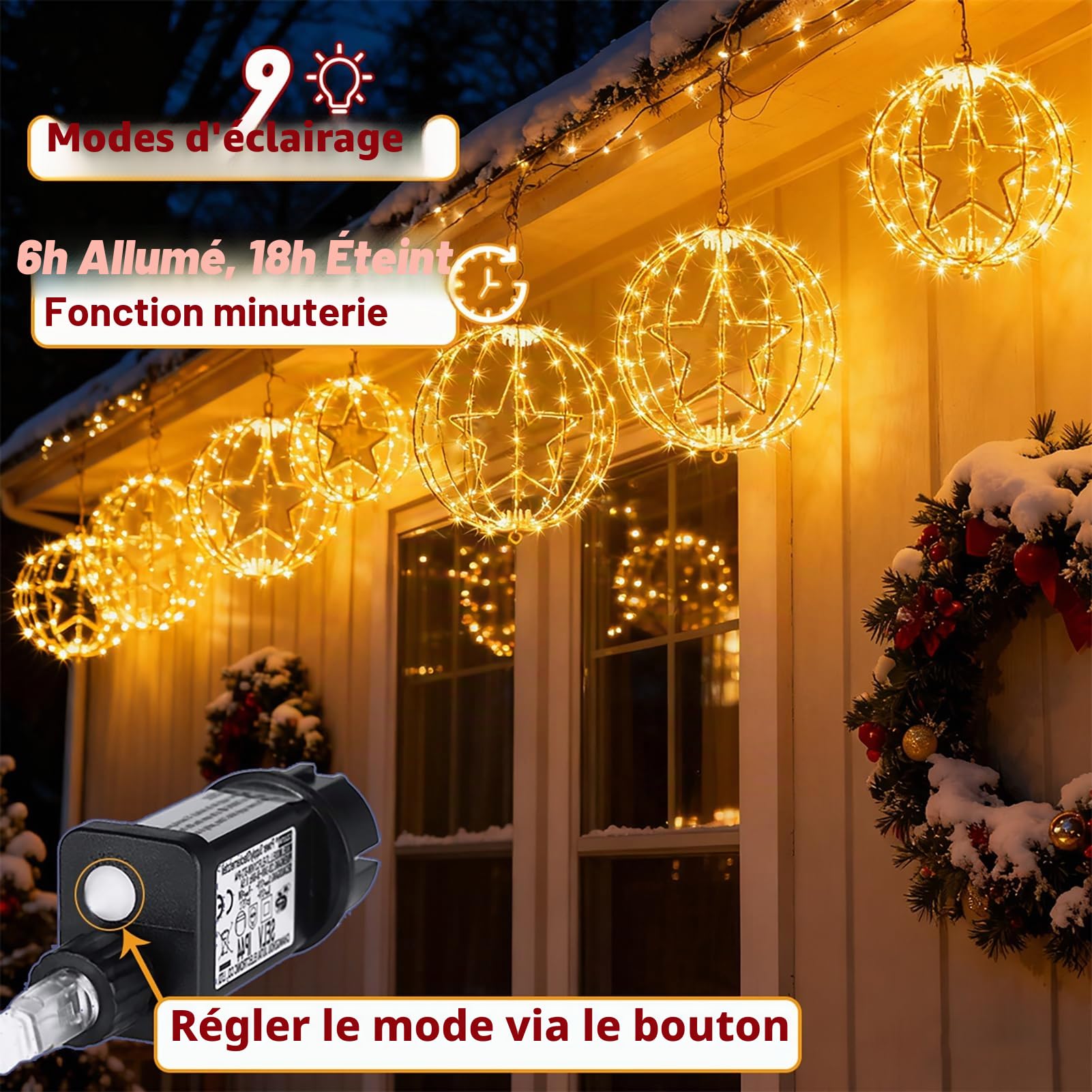 Yowin 2 Pièces Boule Lumineuse Noël 30CM 200 LED Étoile Lumineuse avec Transformateur, Minuterie, 8 Modes Boule de Noël Exterieur Étanche Guirlande Lumineuse pour Jardin Decoration - Cadre Marron