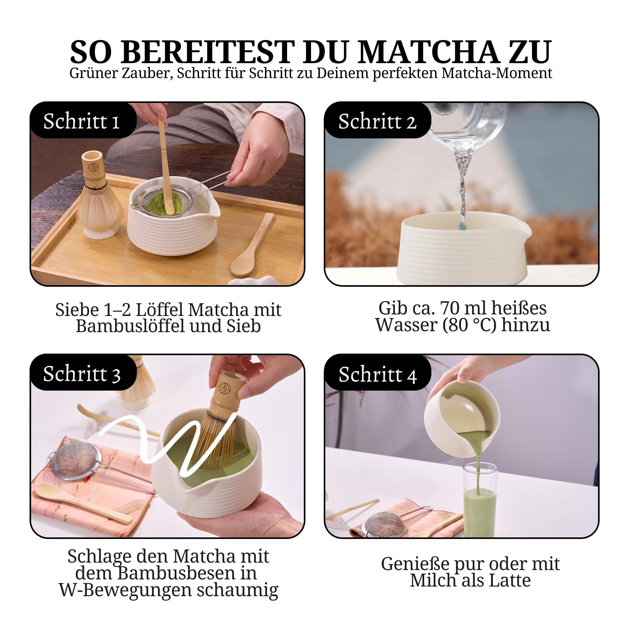 Matcha Set – Set de thé matcha traditionnel avec fouet en bambou, bol à matcha et accessoires – 4 pièces ou 8 pièces, disponible en différentes couleurs (Blanc, 8 pièces)