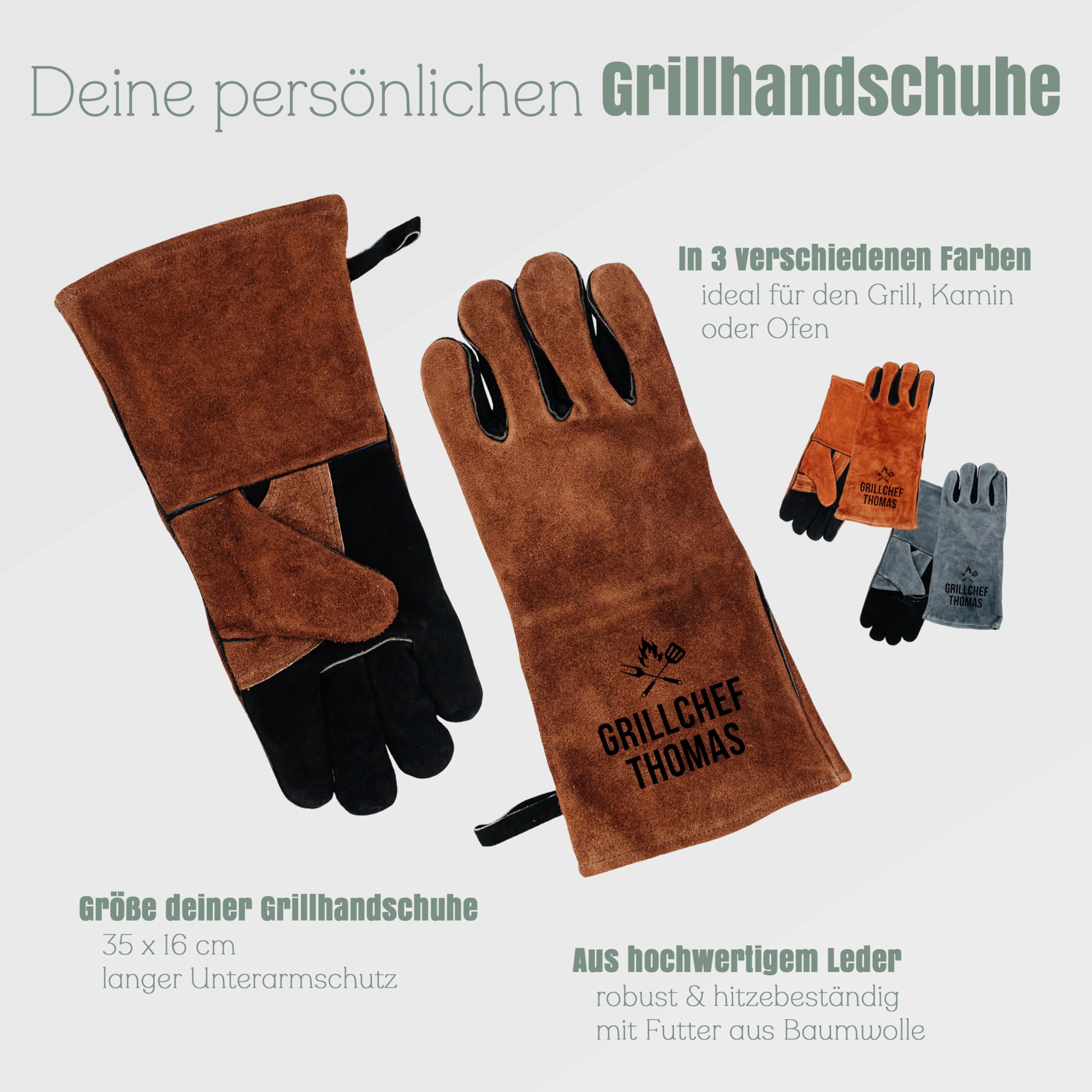 personalisierter Grillhandschuh Leder, Geschenk für Papa den Outdoor Grill und BBQ Barbecue Fan zum Vatertag Geburtstag für den Mann (Grillchef grau, linke Hand)