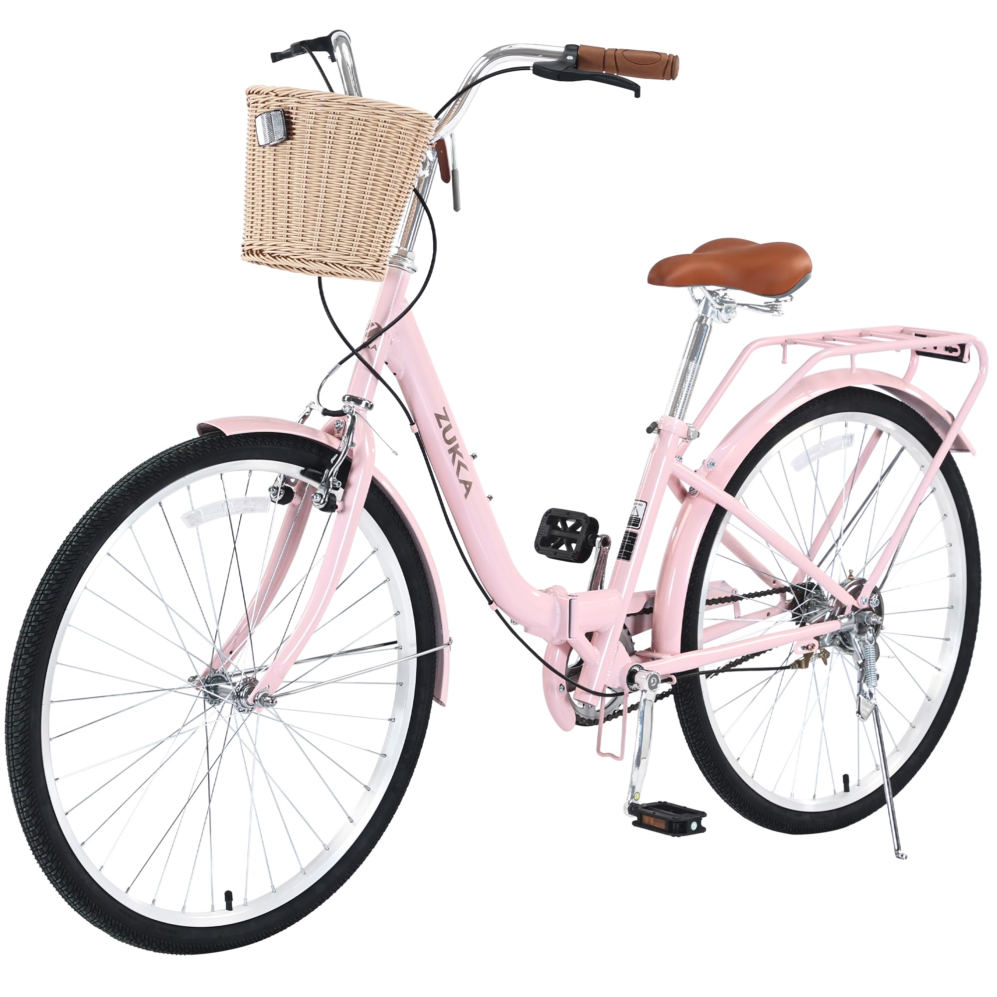 OUCHVILI Folding Bike, 24/26 Inch, Single Speed, Low Step-Through Bicycle with Basket for 10+ Years Old Cruiser Bike, Multiple Colors (Pink, 26 Inch Wheel, 1 Speed)