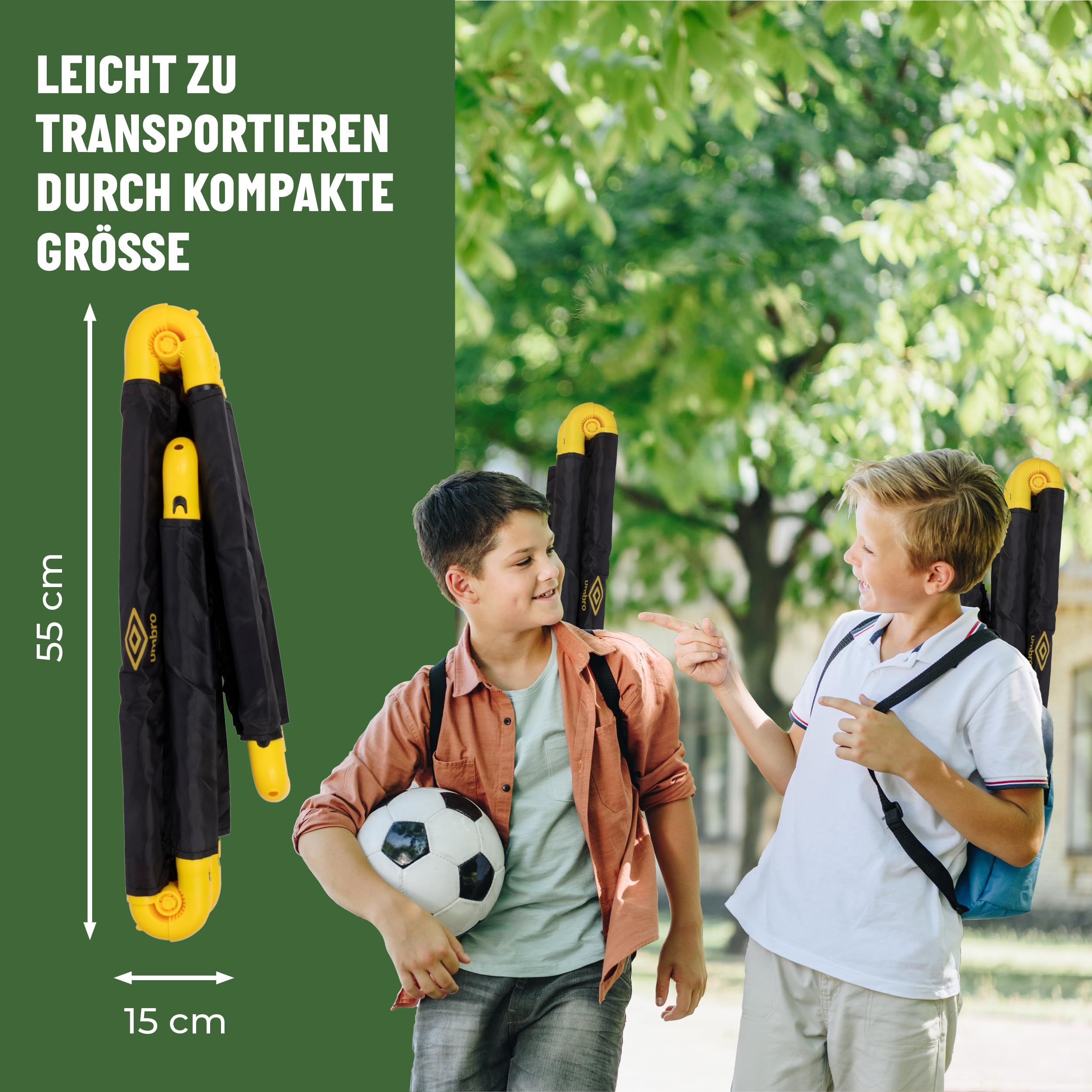 Umbro Fußballtor 50 x 44 x 44 cm - Fußballtore Set von 2 - Faltbares Fussballtor - Fussballtore für Garten Kinder - Fussball Trainingszubehör für Innen und Außen - Kunststoff - Schwarz/Gelb | Faltbar, Für Garten Kinder, Trainingszubehör für Innen und Auße