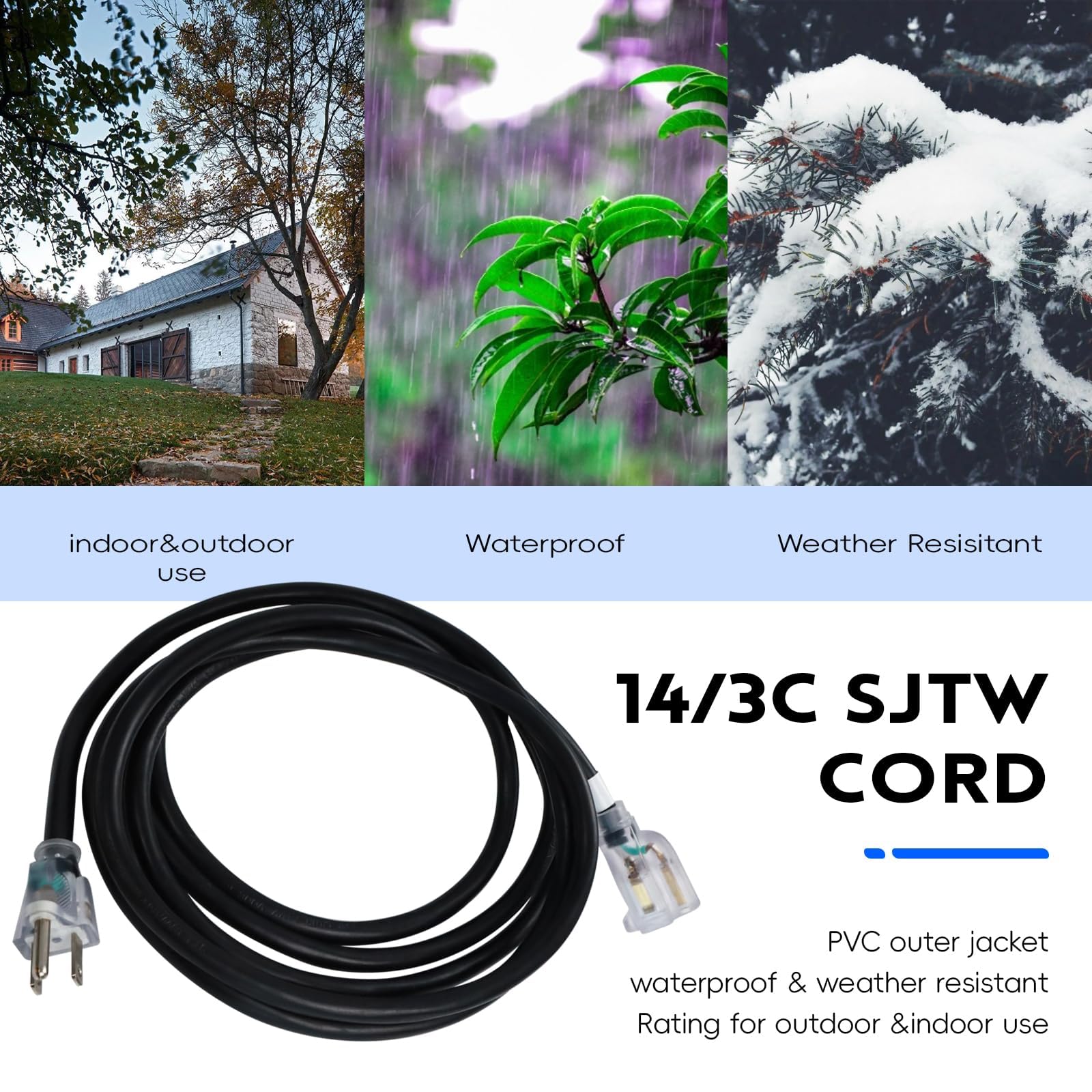 EP - Cable de extensión para exteriores iluminado de 50 pies, calibre 14/3, SJTW, cable de extensión negro resistente con enchufe de 3 puntas para mayor seguridad, ideal para jardín y