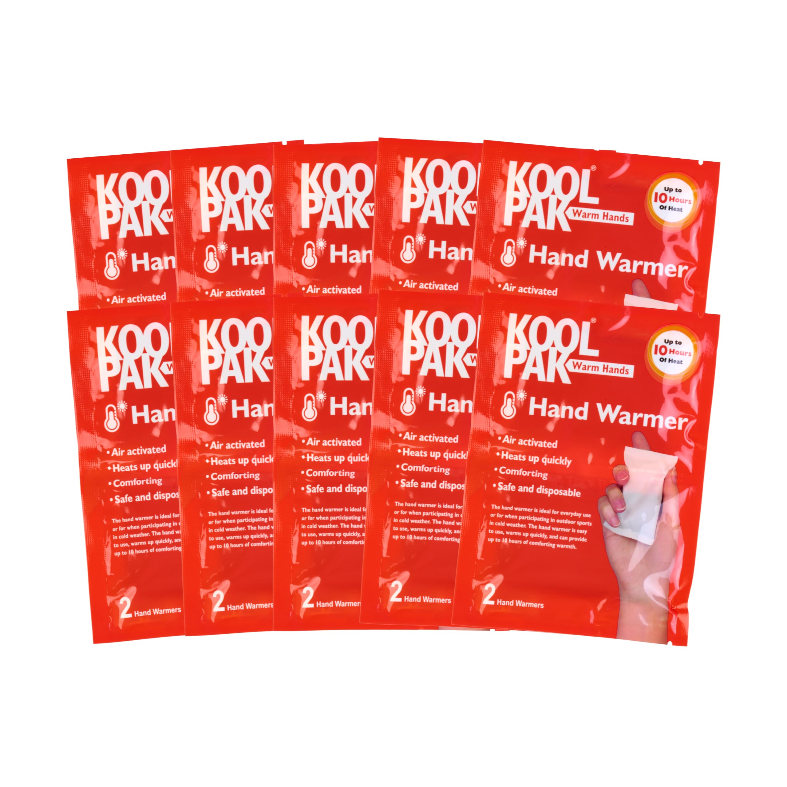 Koolpak 20 x Hand Warmers (10 pairs) Disposable Air Activated Heat Pads – Up to 10 Hours of Natural Warmth – Ideal for Cold Weather, Outdoor Sports, Camping, Hiking & Travel – Warmers for Men & Women
