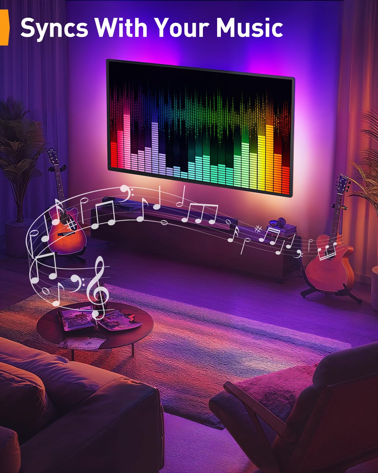 Perlegear TV Wandhalterung für 26-65 Zoll TVs bis 45 kg, LED-Hintergrundbeleuchtung mit Musik-Synchronisation, Max VESA 400x400mm mit Schwenk, Erweiterungs und Neigefunktion PGMF20