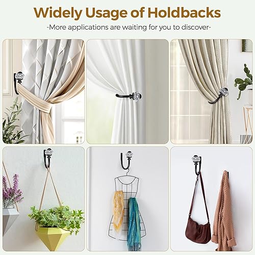 Miniatura 4 de Paquete de 2 soportes negros para cortinas, alzapaños decorativos para cortinas, ganchos para pared con remates translúcidos (6.1 pulgadas de largo