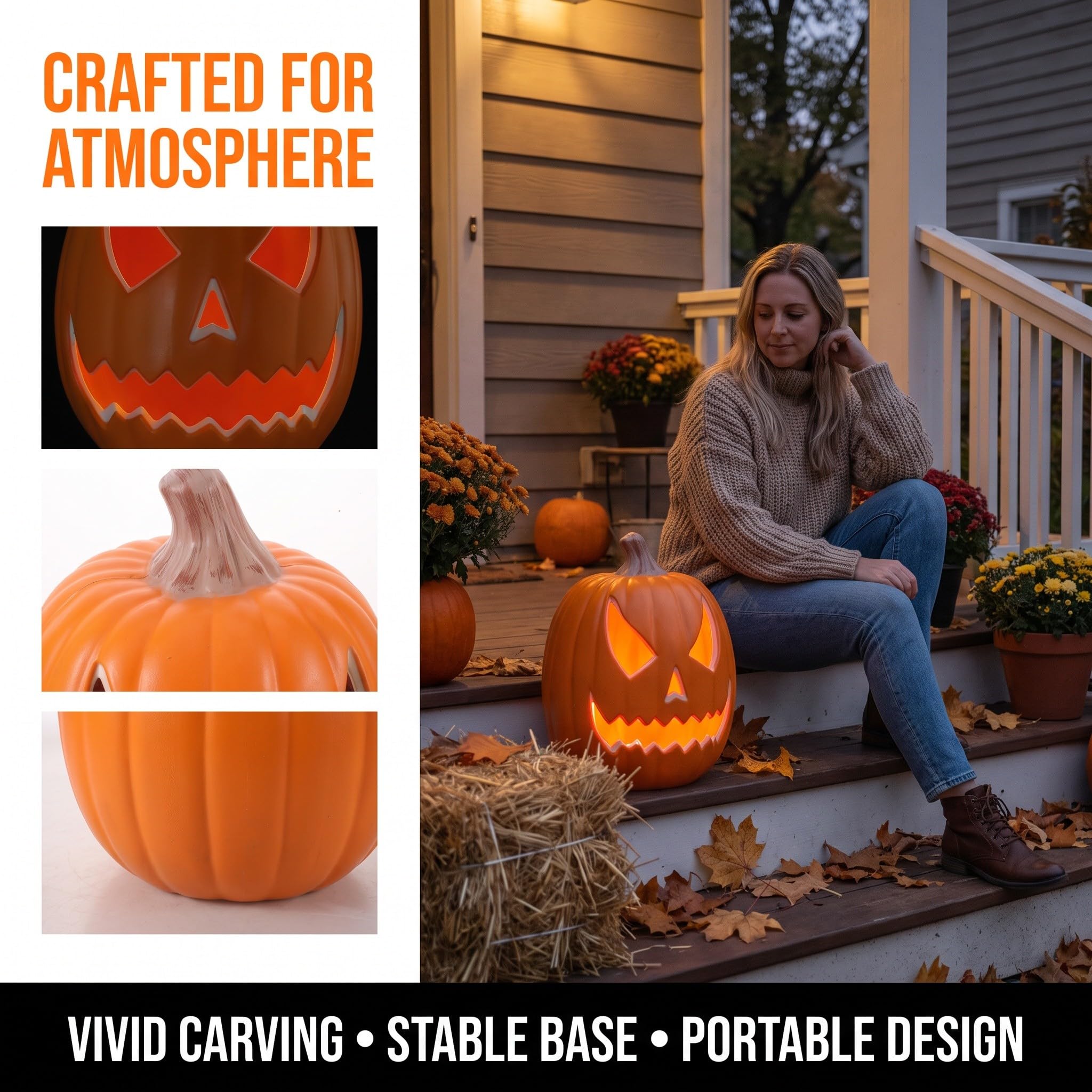 OSALADI Latarnia dyniowa na Halloween - Jack-O Lantern z diodami LED | Plastikowy lampion w kształcie dyni na Halloween, dekoracja okienna, bez baterii, 11,8 x 8,7 x 8,7 cala