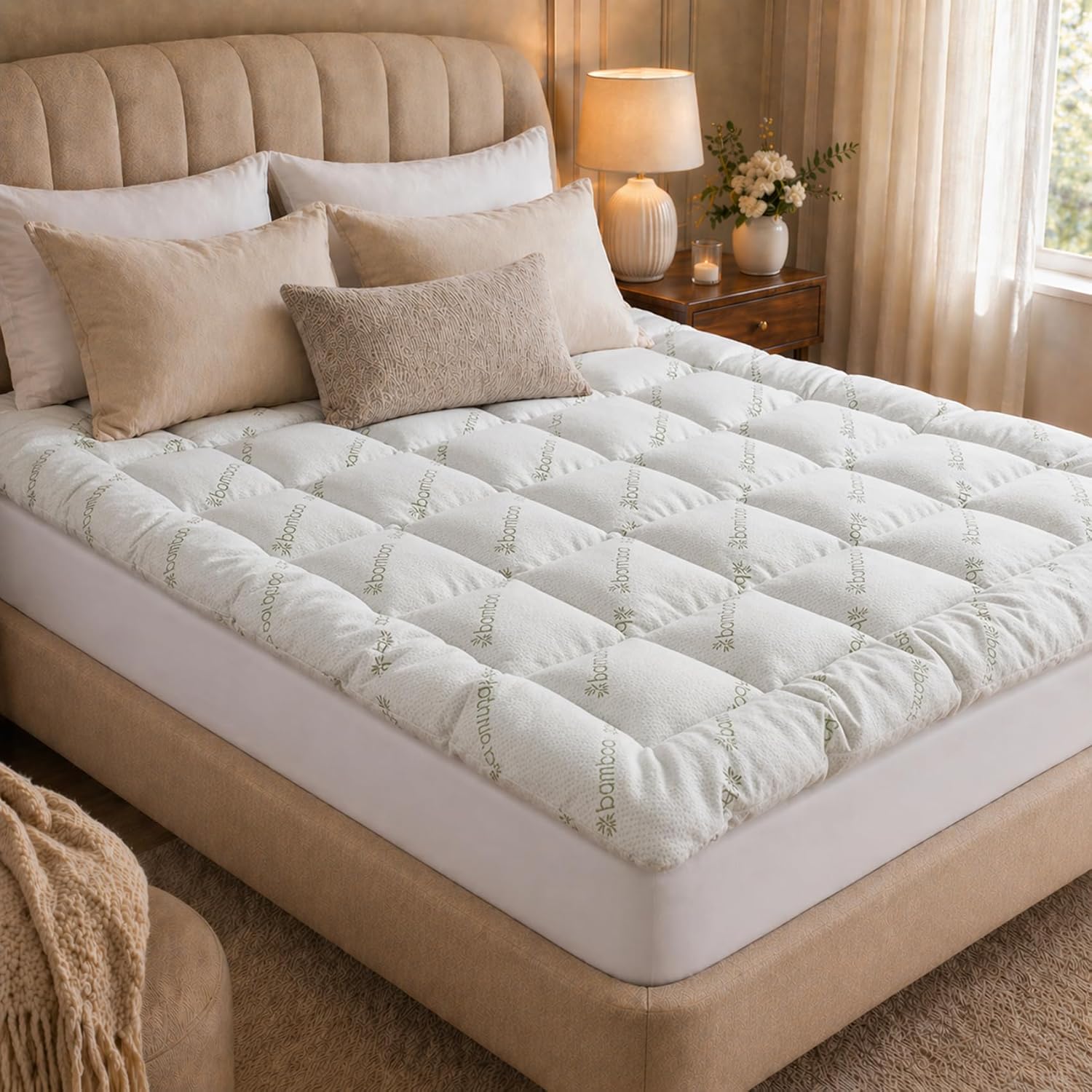 Premium Quilted 1000GSM Luxury Extra Thick Mattress Topper - Sleep Cooler Tonight with the Power of Bamboo, Hotel-Like Comfort for Hot Sleepers, Deep Pocket 8-21" (Bamboo-White, Queen)
