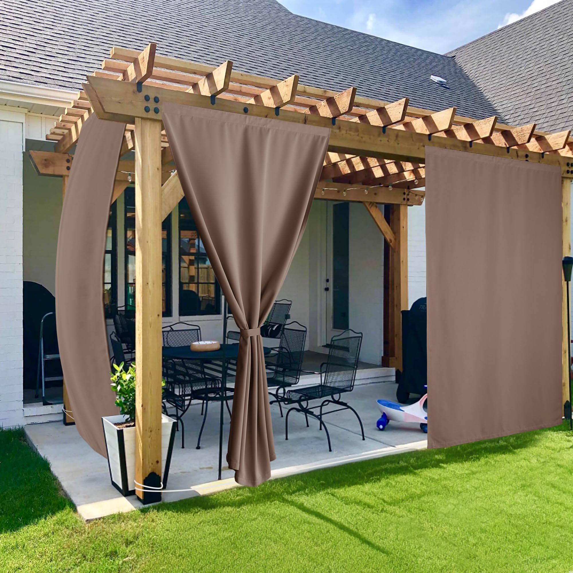 NICETOWN 2 Panels Rod-Free Outdoor Curtains for Patio Waterproof, Adhesive Strip Top & Back Tab Bottom with Free Rope for Windproof, Weatherproof &