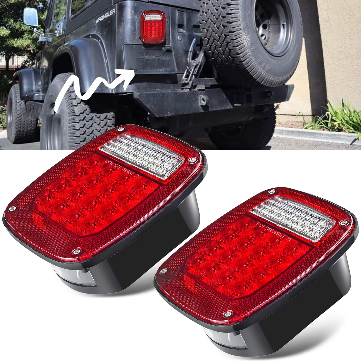 LIMICAR RV Tail Lights, Square 43 LED Trailer Lights, 2PCS Red/White Stop Turn Back up Reverse Tail Lights w/License Plate Light for Truck Trailer Jeep YJ TJ JK CJ