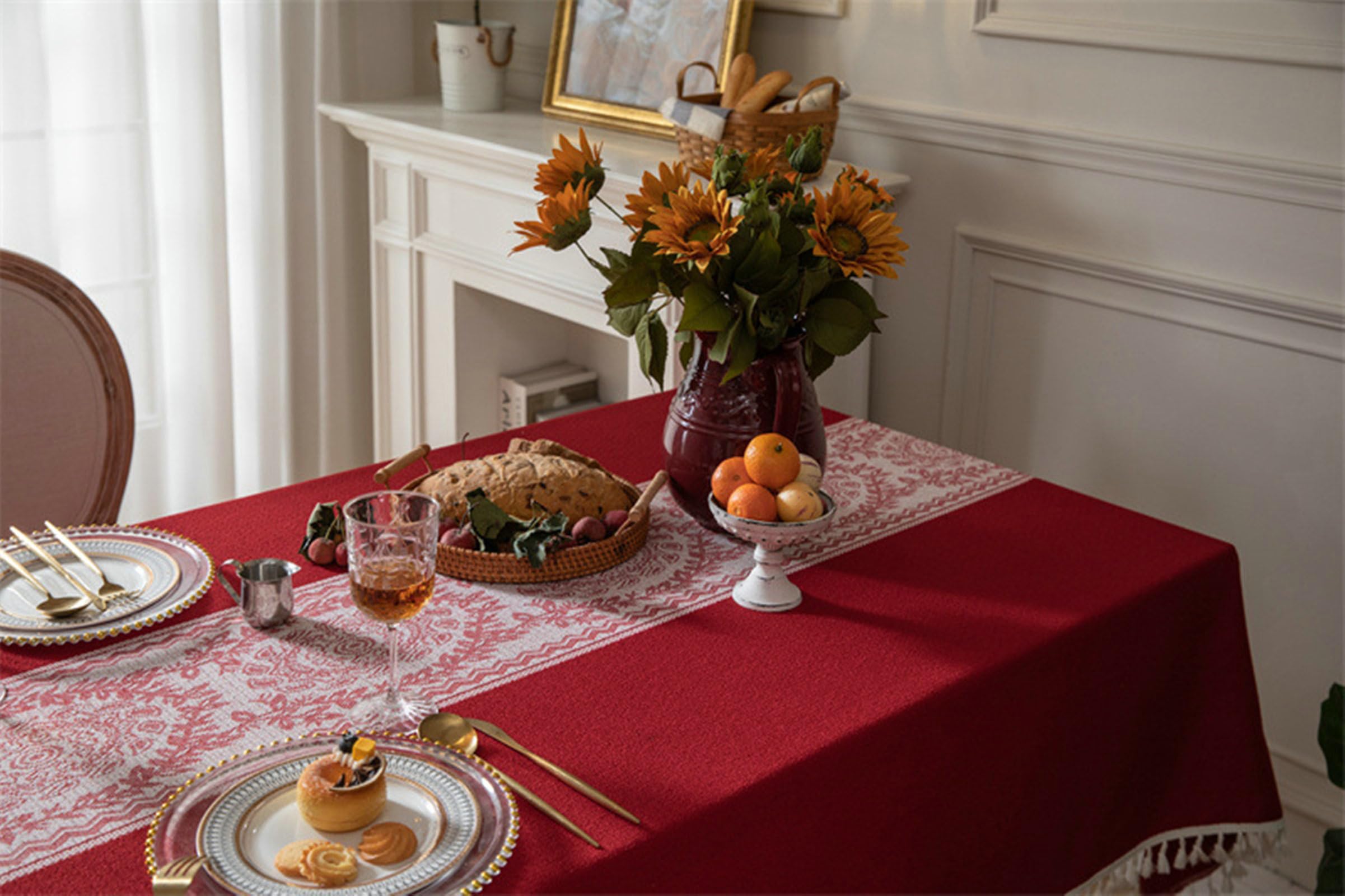 Gualiy Mantel de Mesa Rectangular Poliester, Manteles 140 x 200 cm Mantel Cocina Impermeable Jacquard Floral con Borlas Mantel para Mesa de Comedor, Rojo Oscuro