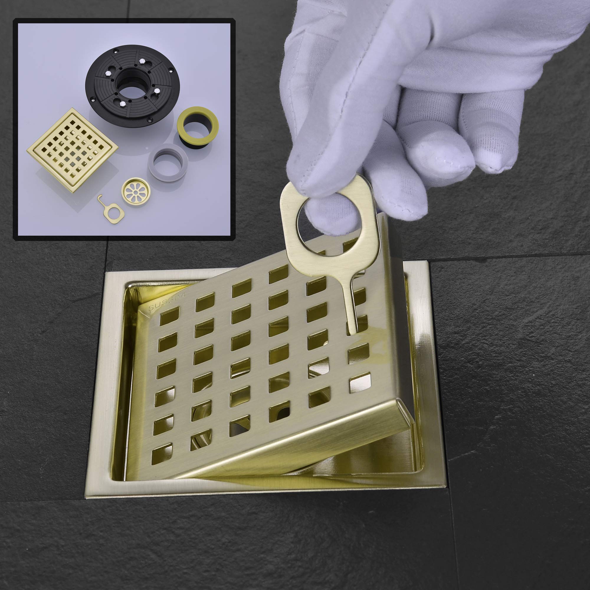 Orhemus 4 Inch Square Shower Drain with Adjustable Shower Drain Base