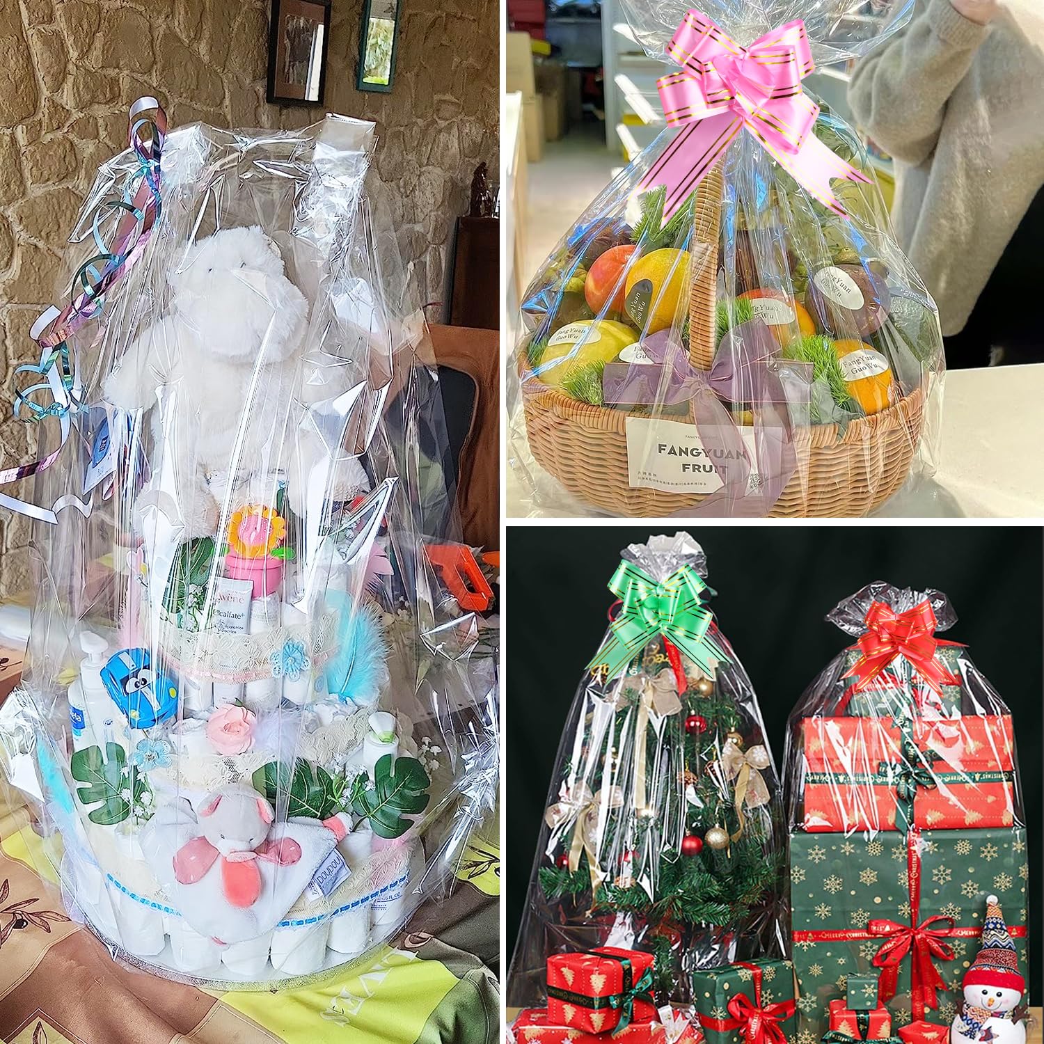 Bolsas de Celofán 90x60cm Grandes Transparente Bolsa Celofan Transparentes Con Cinta de Arcos y Cintas Metálicas para Regalos Embalaje Cestas Flores Manualidades y Ramos de Navidad (60x90cm)