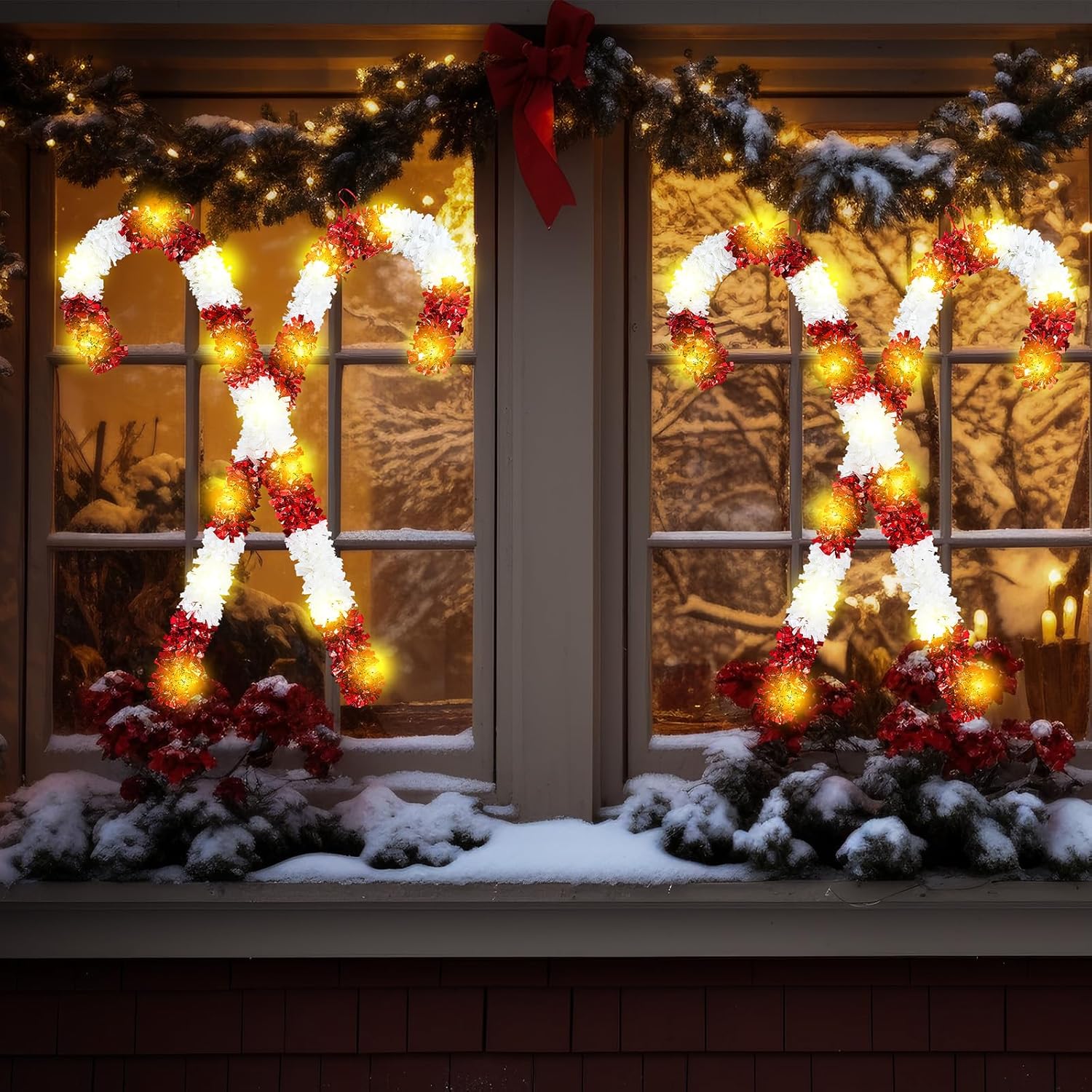 Riakrum 4 Pack LED Christmas Candy Canes Decorations Giant Candys Cane Decor Tinsel Candy Cane for Christmas with Waterproof Warm White Lights for Indoor Outdoor Yard Holiday Celebration Night Gift