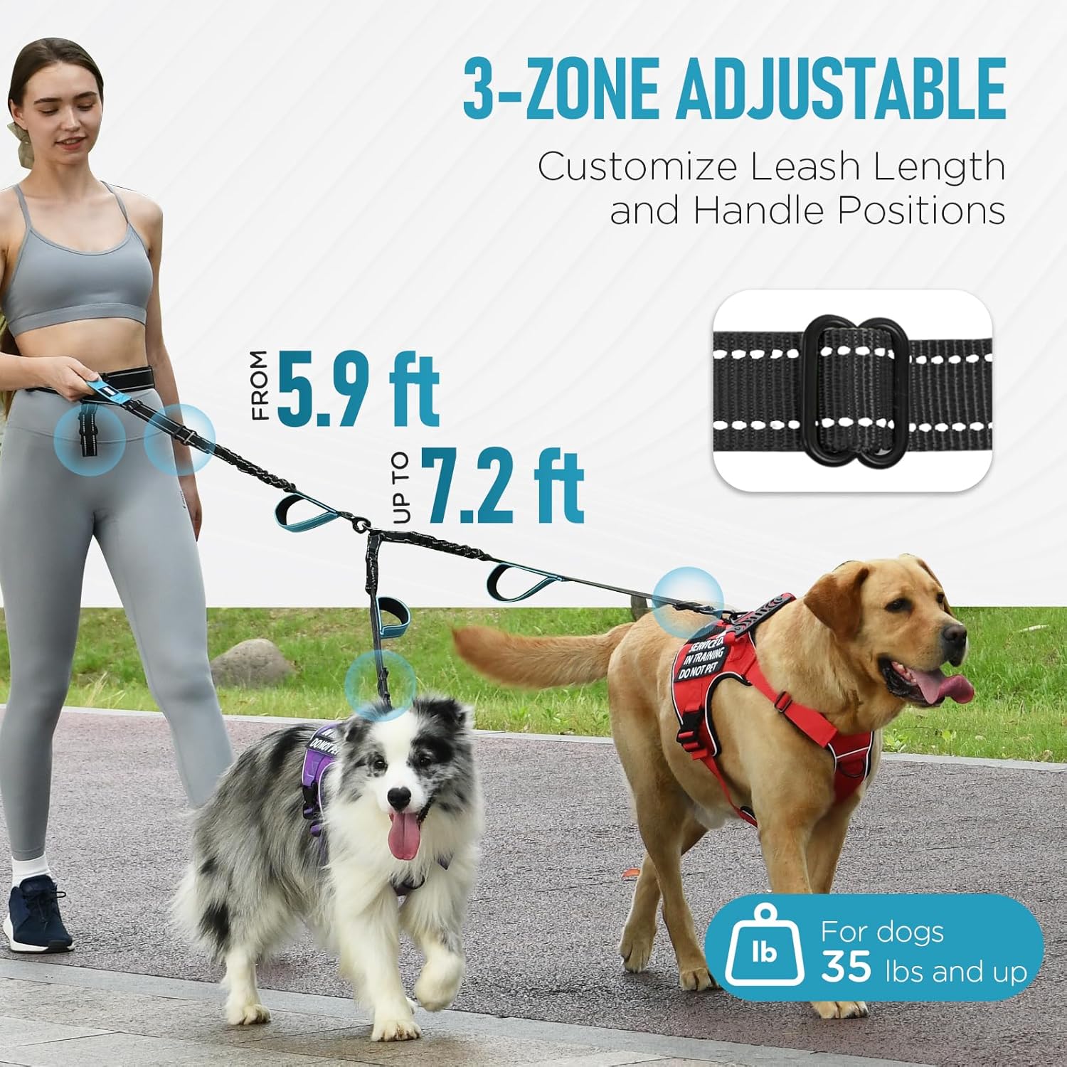 Heavy Duty Hands Free Double Dog Leash for Large Medium Breeds, 6-8ft Reflective Strong Nylon Bungee Leash with Dog Poop Bag Holder