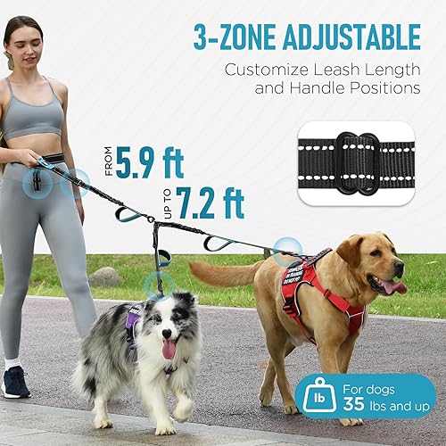 Miniatura 2 de Correa doble resistente para perros manos libres para razas grandes y medianas, correa elástica de nailon resistente reflectante de 6 a 8 pies con