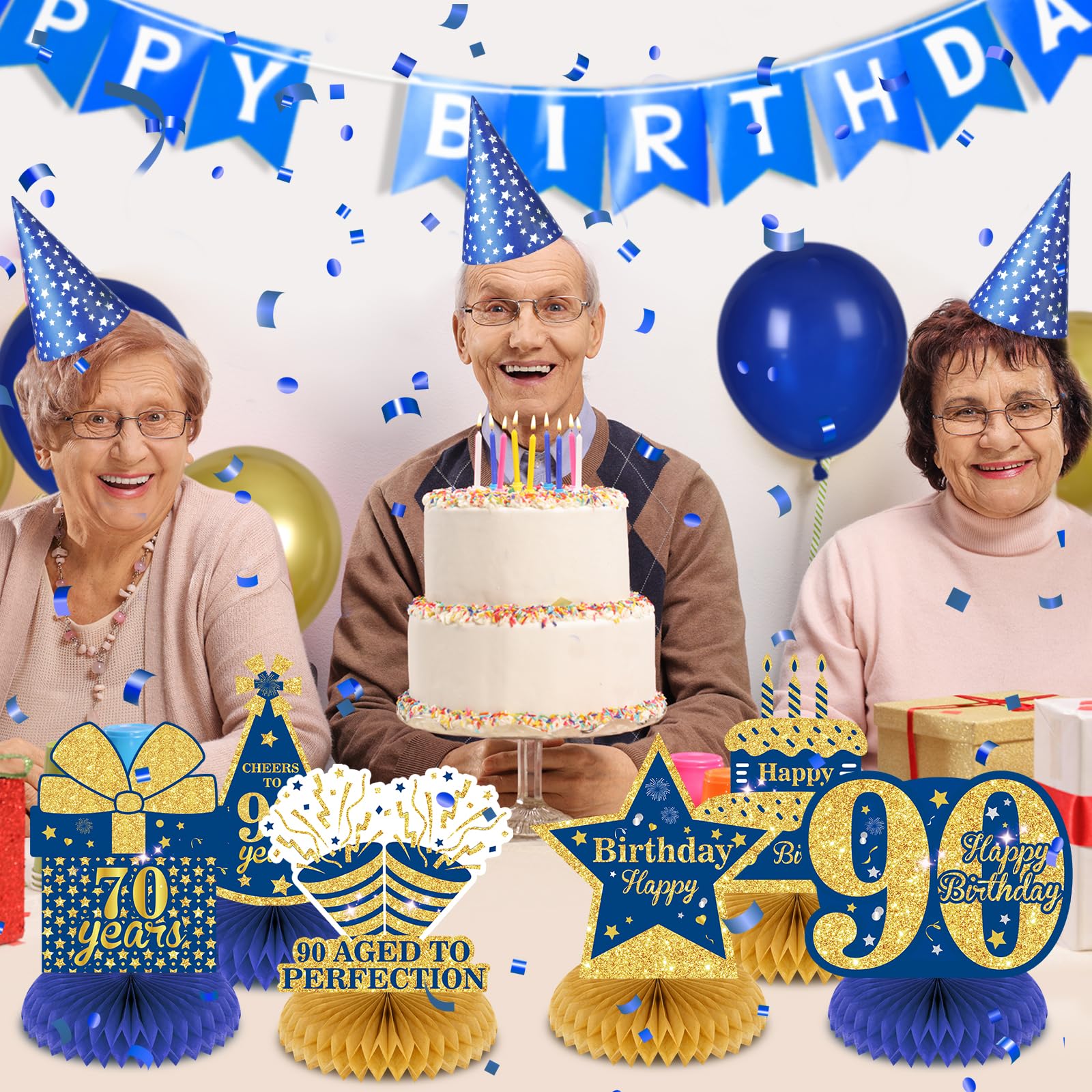 9 piezas de centro de mesa para decoración de cumpleaños 90 azul y dorado, decoraciones de feliz 90 cumpleaños para hombres y mujeres, suministros de fiesta de aniversario, suministros de animación a