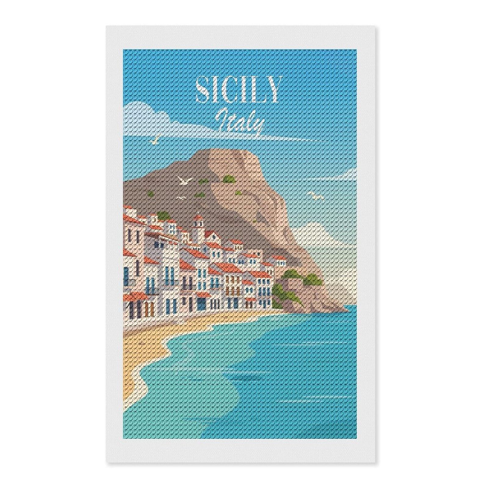 Junmoney Sicily, Italy Coastal Town Diamond Painting Canvas Set 12"x20", for Adults, Sparkling Round Gems, Thoughtful Handmade Gift, Modern Decor