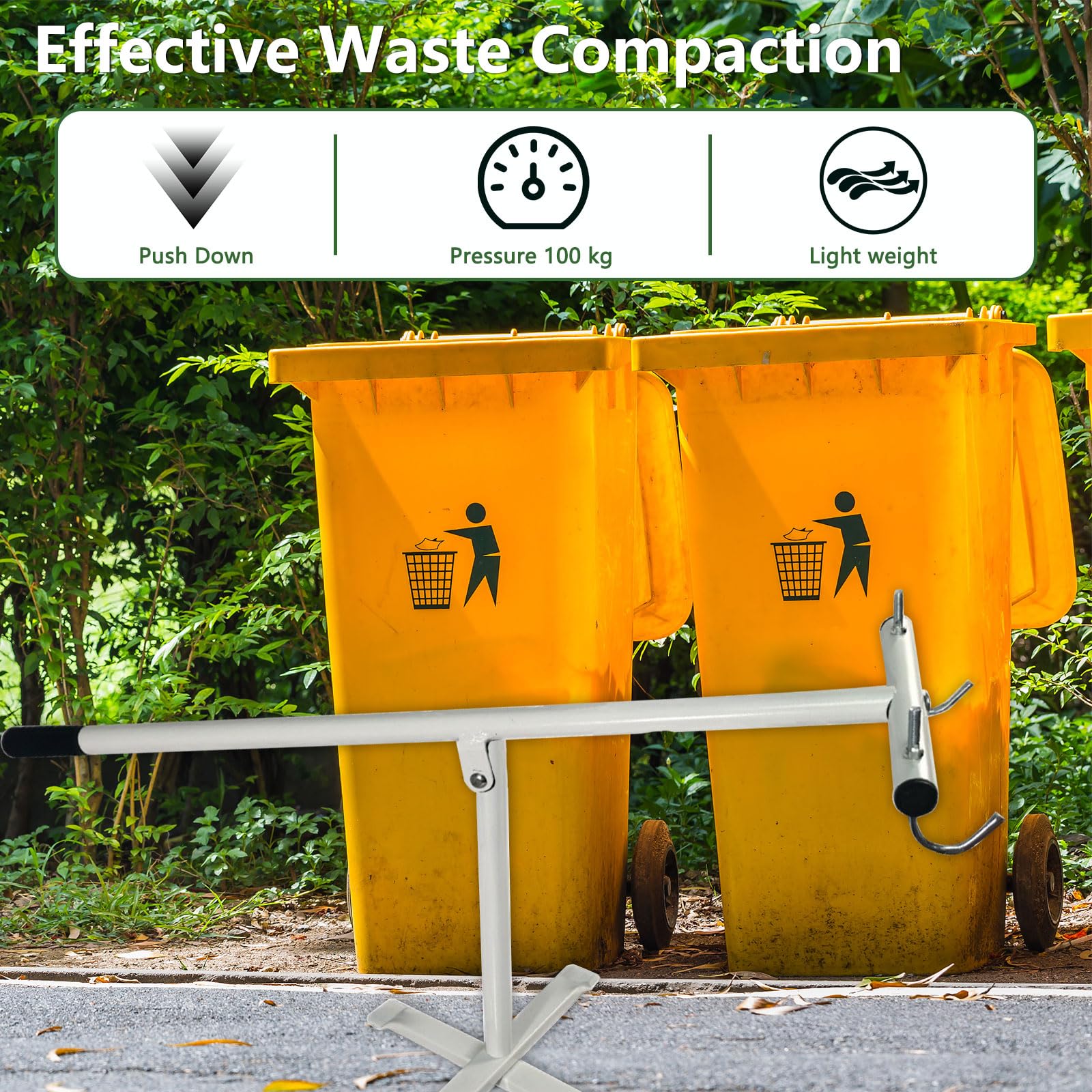 Compacteur manuel pliable avec plaque réglable pour poubelles à roulettes de 120 à 660 l