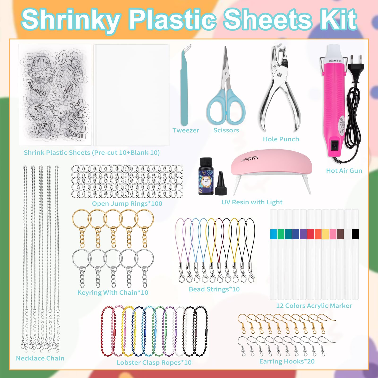 JelyArt Kit Plastique Fou 182 pièces – 20 feuilles de plastique dingue + Pistolet à air chaud + Résine UV + Lampe UV + Accessoires pour porte-clés – Shrink plastic sheets Film thermorétractable