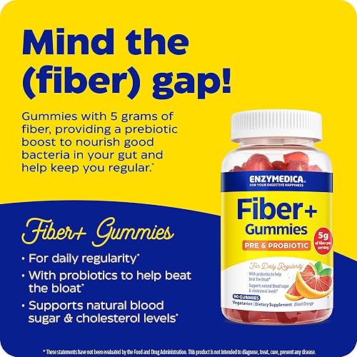 Miniatura 3 de Enzymedica Gomitas Fiber+ con prebióticos y probióticos para regularidad diaria, vegetariana, 0.18 onzas de fibra, suplemento de fibra natural, para