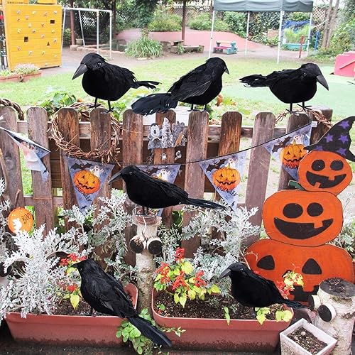 Miniatura 4 de Sizonjoy 6 Pack Halloween Black Feathered Crows, Halloween Decorations Realistic Bird Halloween Ravens Decor Props