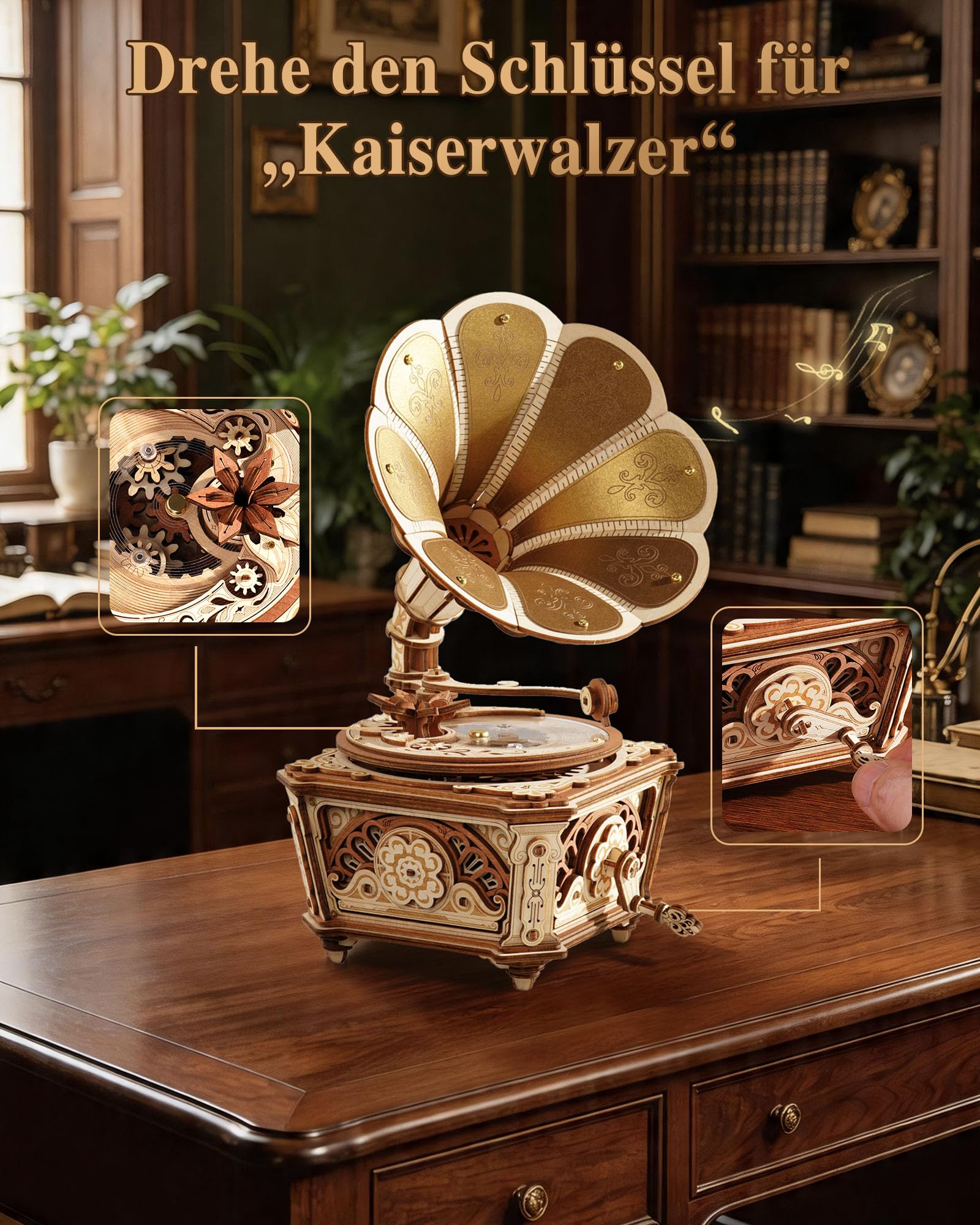 ROKR Diva Grammophon 3D Holzpuzzle Mechanische Spieluhr AMK82 | Vintage DIY Bausatz ohne Kleber, dekoratives Grammophon-Modell, kreative Geschenkidee für Erwachsene und Musikliebhaber