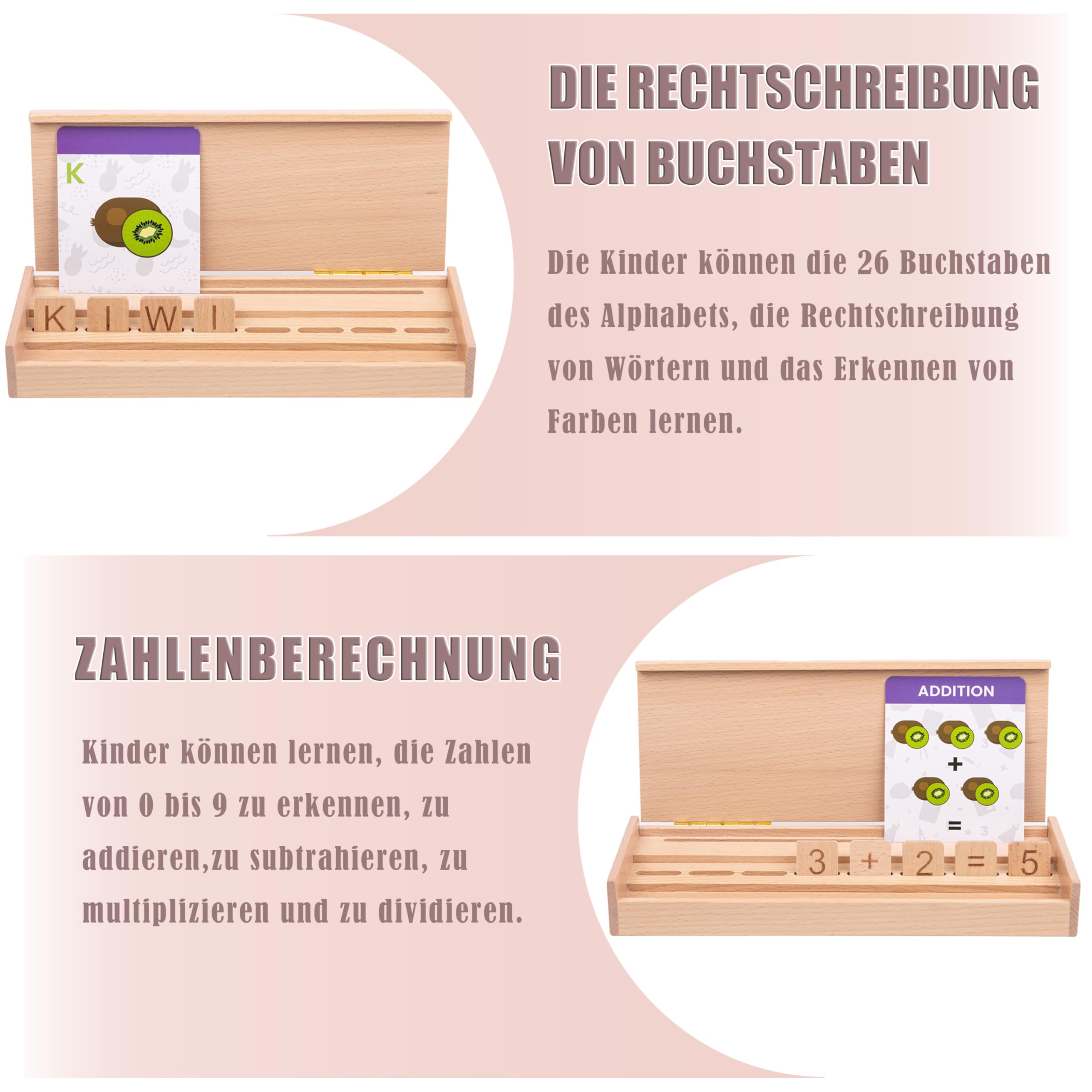 Montessori Holzspielzeug ab 3 Jahren – 3-in-1 Lernbox aus Holz: Buchstaben, Lesen Lernen, Zahlen & Rechnen – Lernspielzeug Kinder Geschenk zur Einschulung & Vorschule